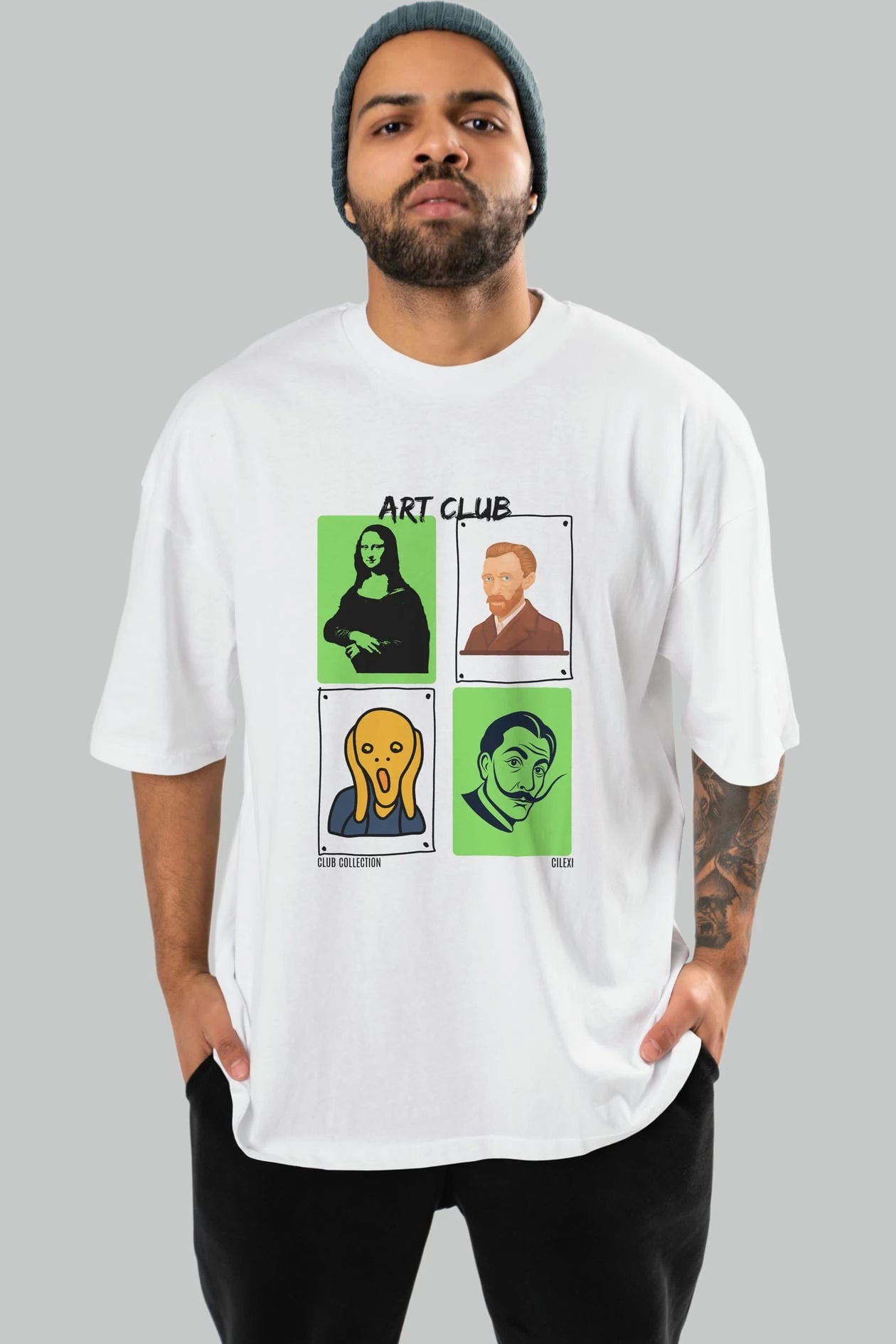 Art Club ön Baskılı Oversize t-shirt Erkek Kadın %100 Pamuk Bisiklet Yaka tişort