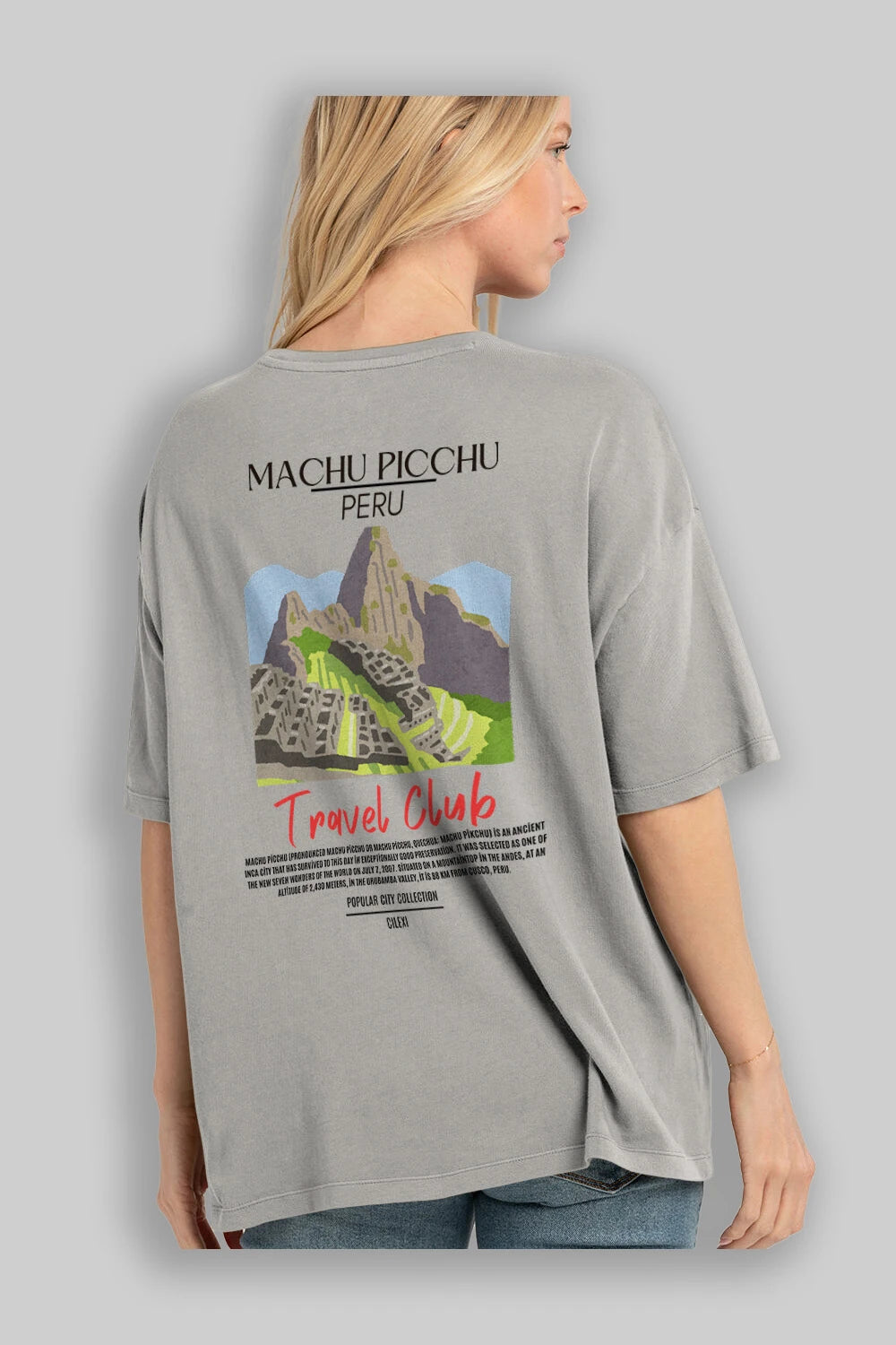 Machu Picchu Peru Arka Baskılı Oversize t-shirt Erkek Kadın Pamuk Bisiklet Yaka tişort