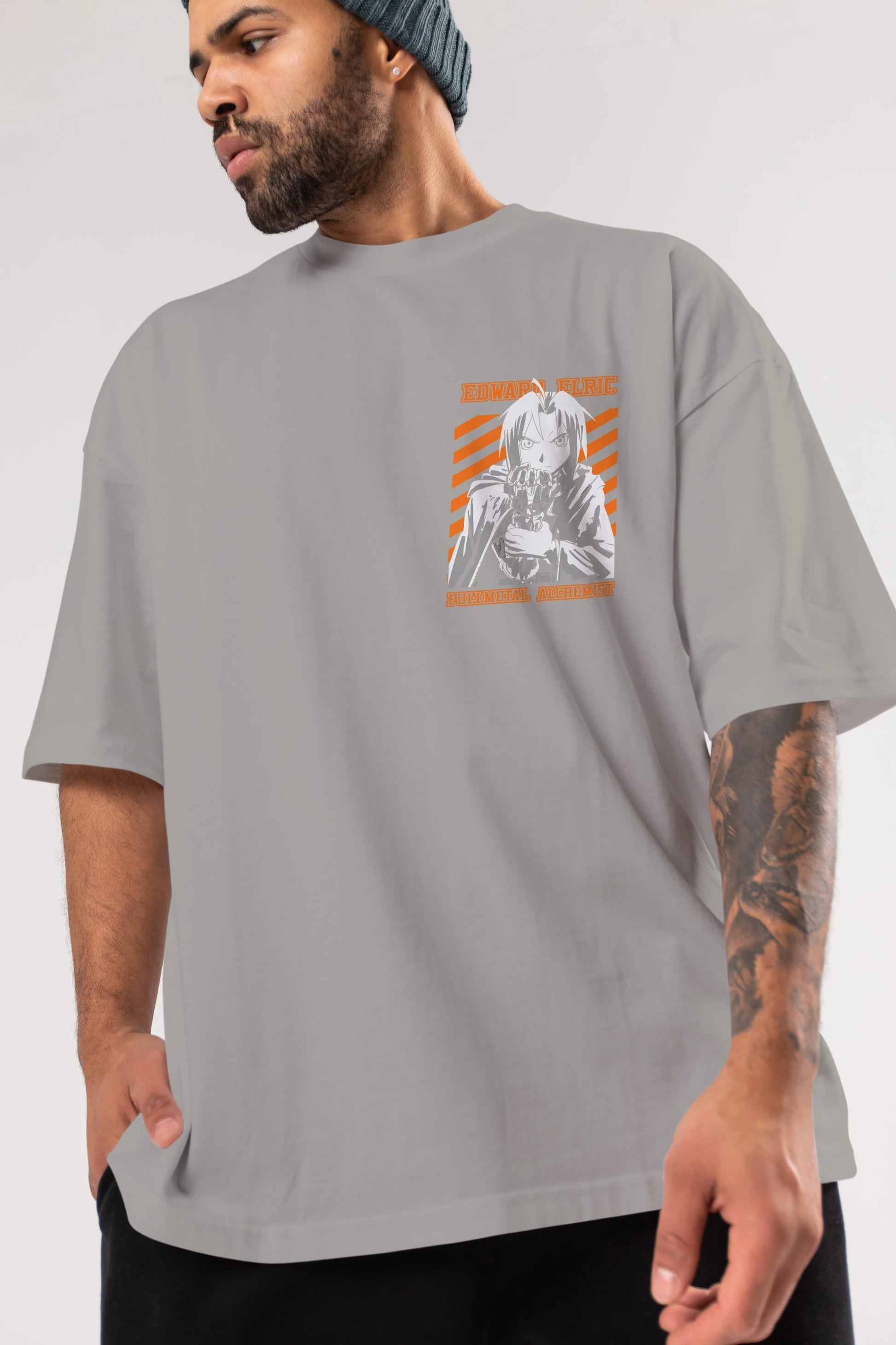 EDWARD ELRIC Ön Sol Baskılı Oversize t-shirt Erkek Kadın Unisex %100 Pamuk Bisiklet Yaka tişort