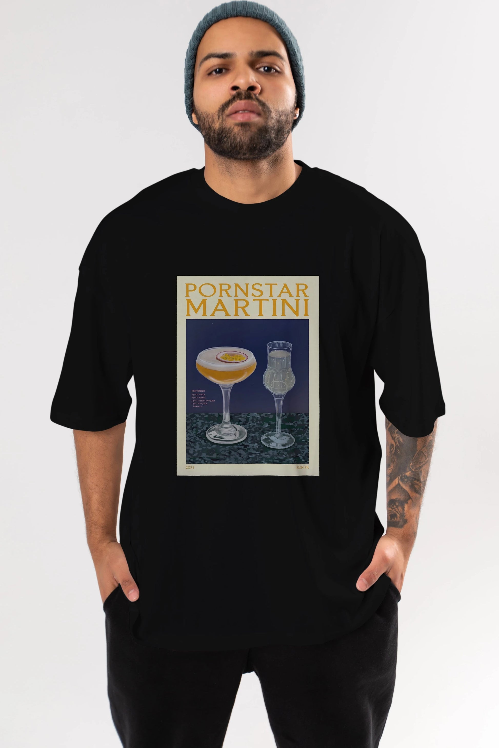 P.rnstar Martini Ön Baskılı Oversize t-shirt Erkek Kadın Unisex %100 Pamuk Bisiklet Yaka tişort