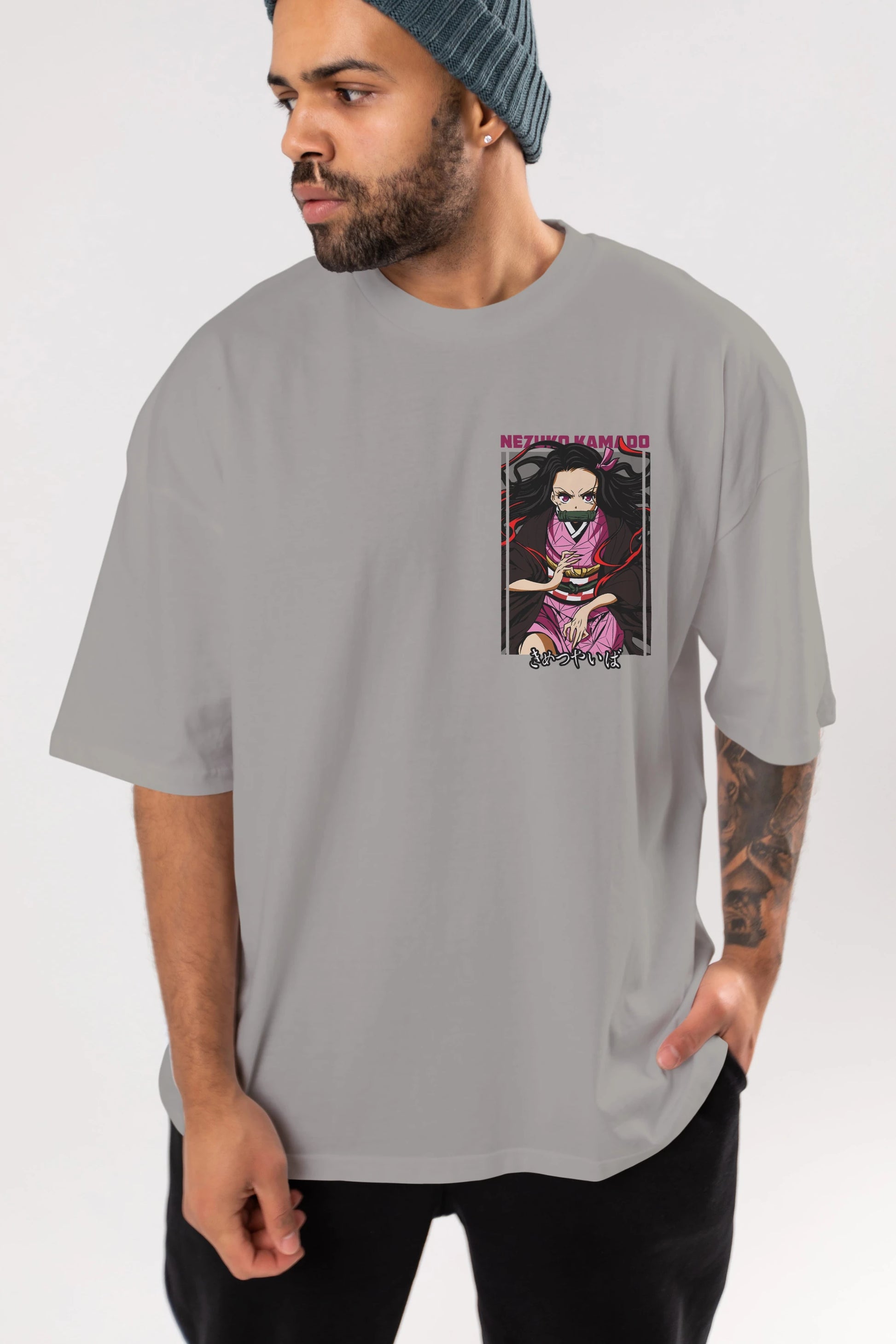 Nezuko Kamado 1 Ön Sol Baskılı Oversize t-shirt Erkek Kadın Unisex %100 Pamuk Bisiklet Yaka tişort