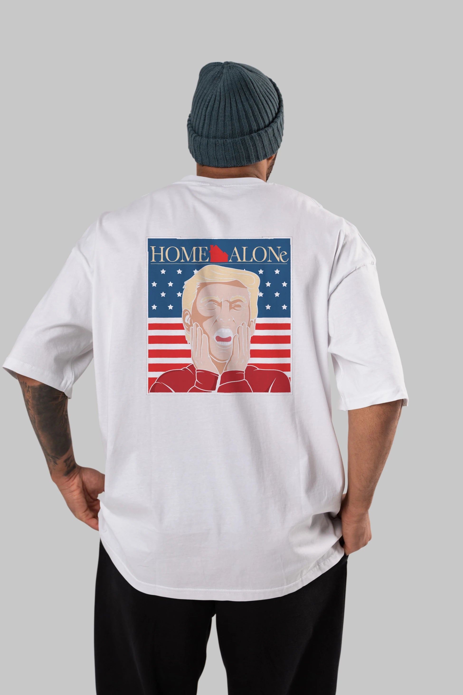 Home Alone Trump Arka Baskılı Oversize t-shirt Erkek Kadın Unisex %100 Pamuk tişort