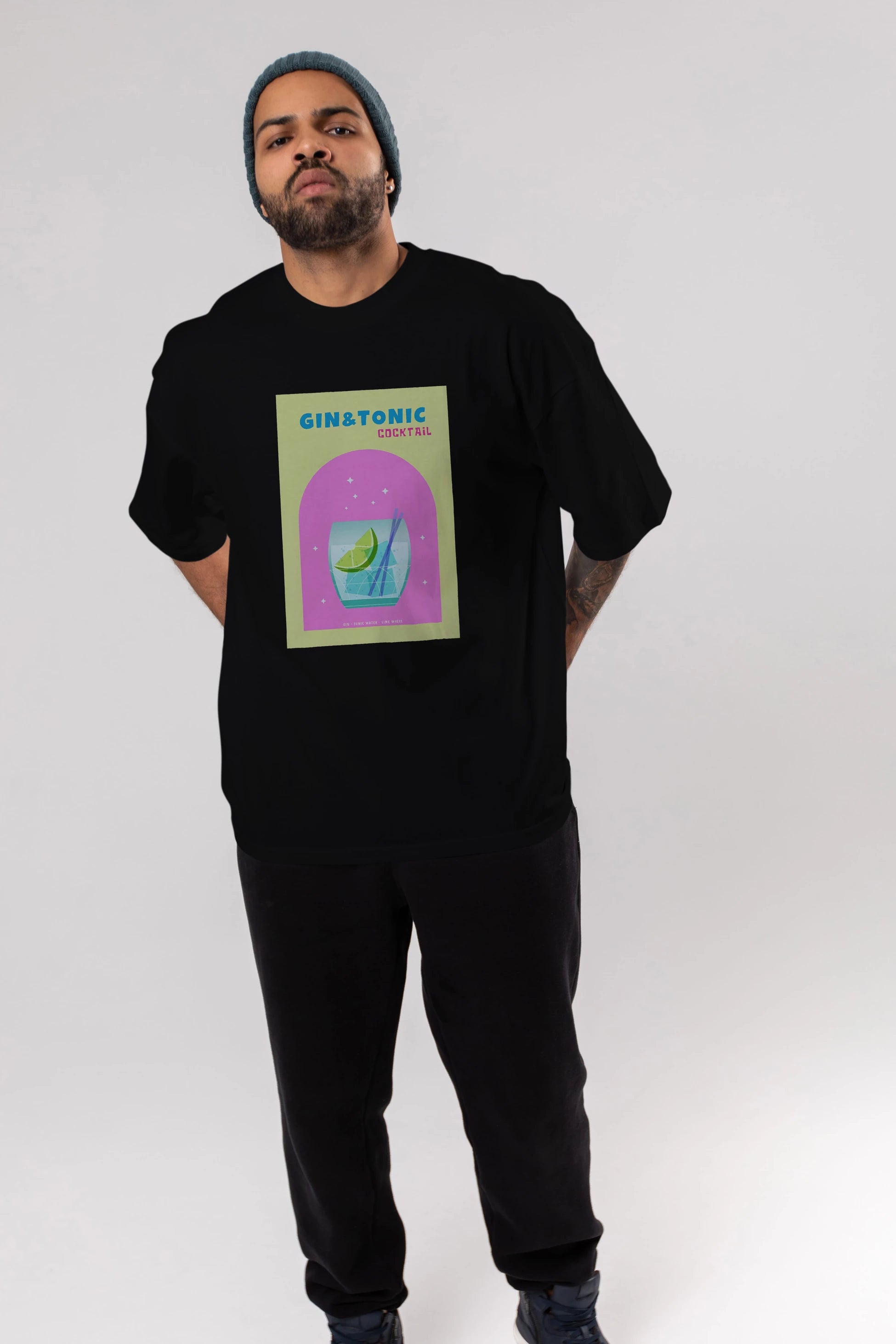Gin Tonic Cocktail Ön Baskılı Oversize t-shirt Erkek Kadın Unisex %100 Pamuk Bisiklet Yaka tişort