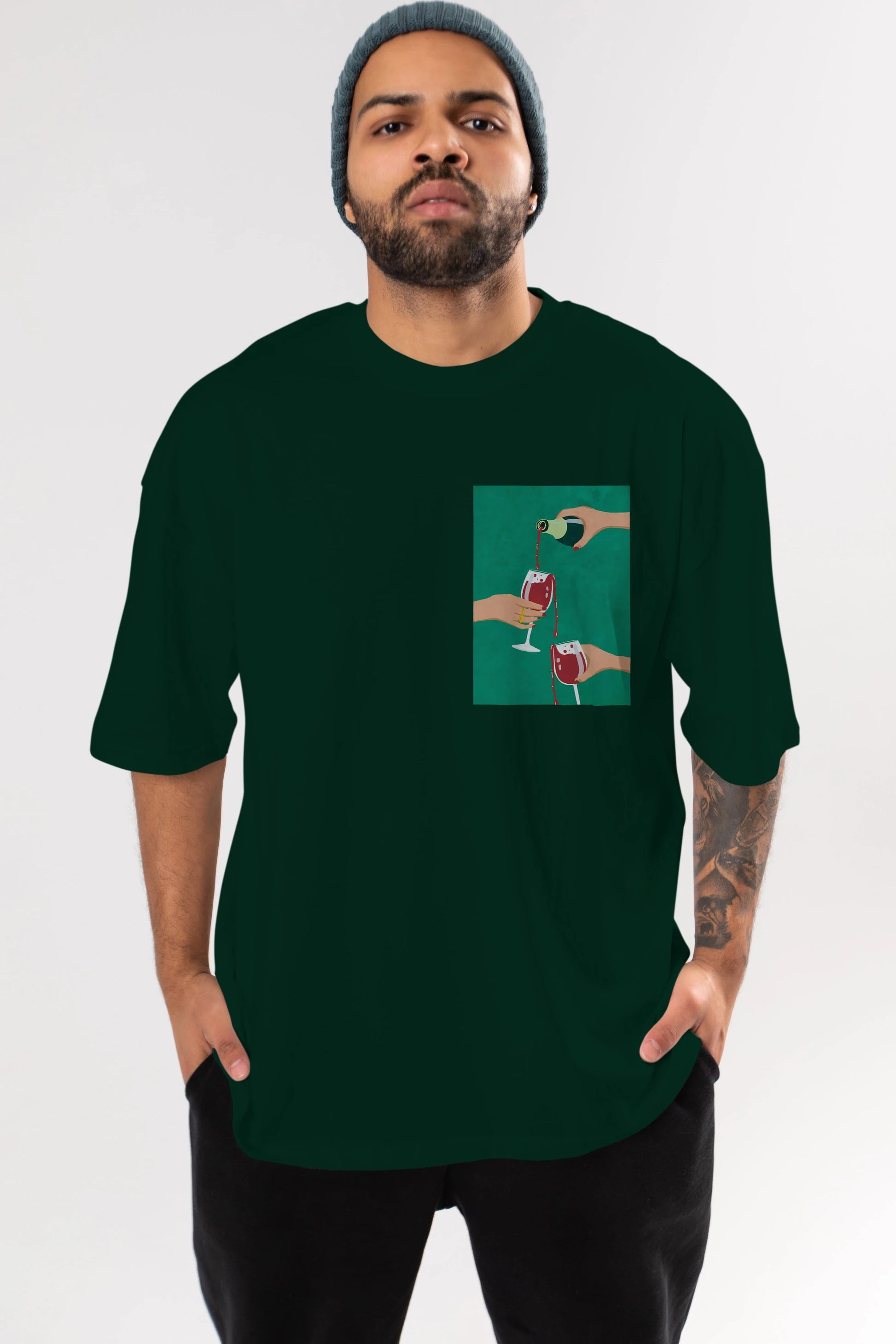 Wine 2 Ön Sol Baskılı Oversize t-shirt Erkek Kadın Unisex %100 Pamuk Bisiklet Yaka tişort