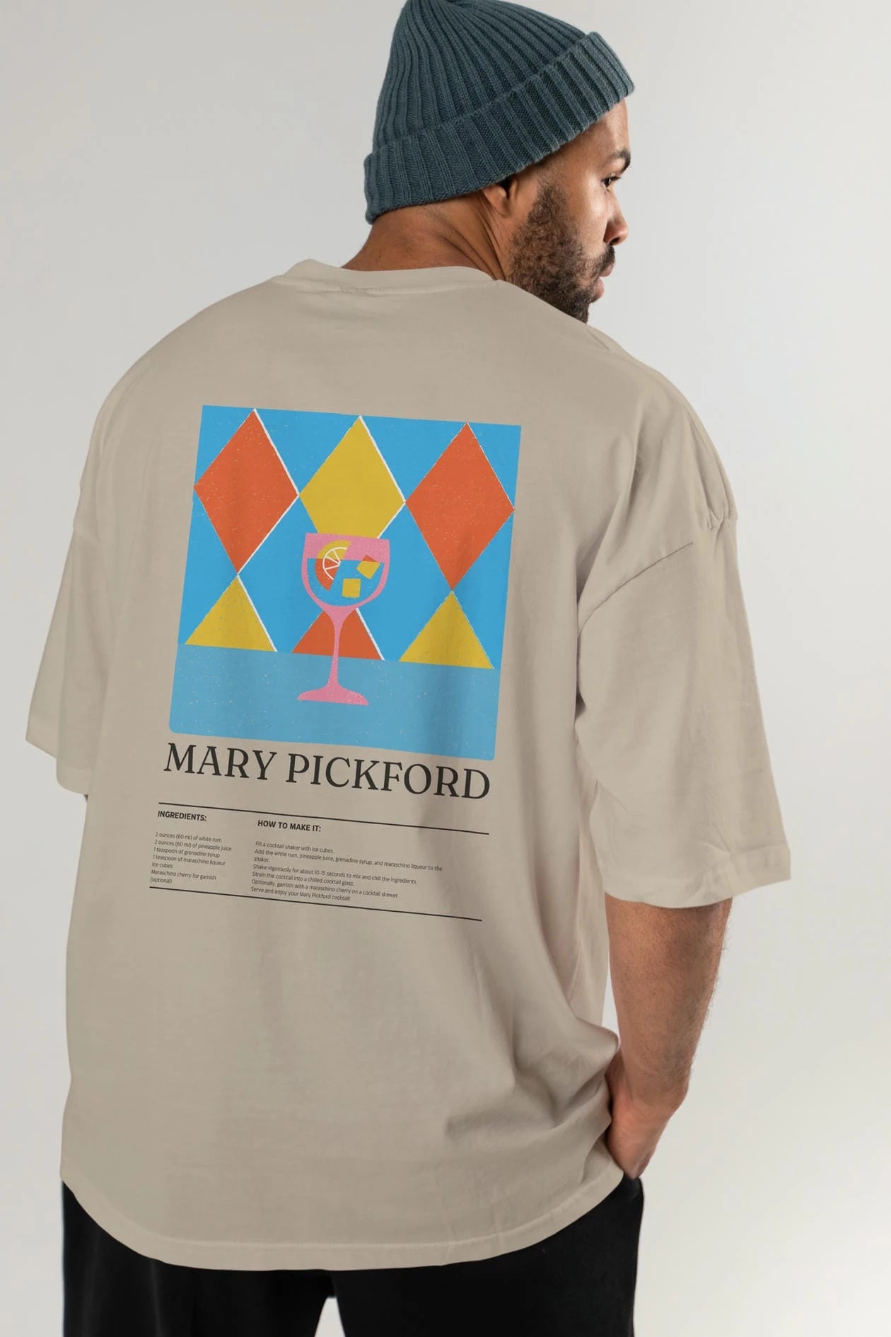 Mary Pickford Kokteyl Serisi Arka Baskılı Oversize t-shirt Erkek Kadın %100 Pamuk Bisiklet Yaka tişort