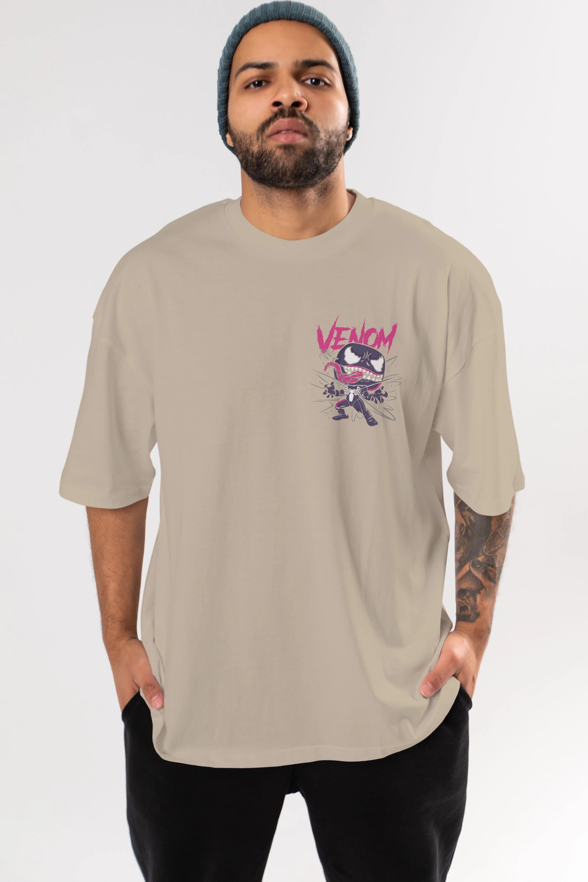 Venom (20) Ön Sol Baskılı Oversize t-shirt Erkek Kadın Unisex %100 Pamuk Bisiklet Yaka tişort