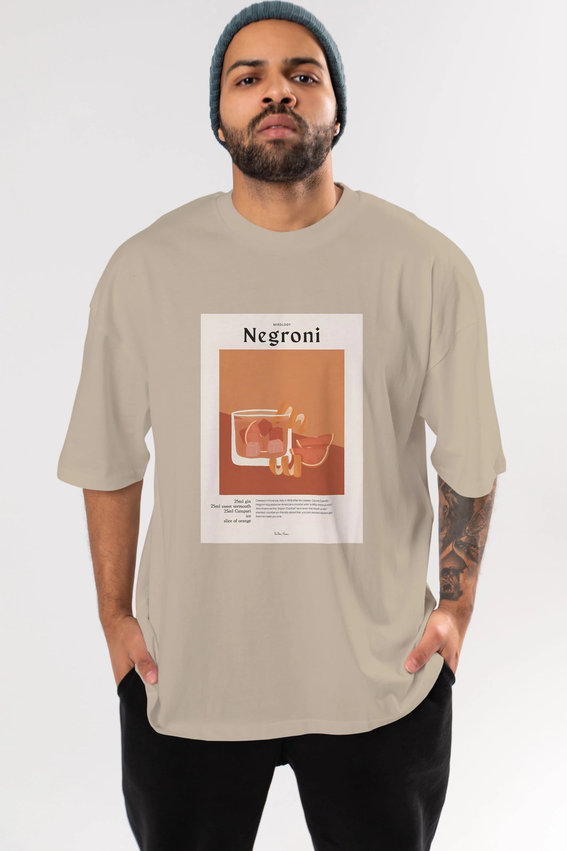 Mixology Negroni Ön Baskılı Oversize t-shirt Erkek Kadın Unisex %100 Pamuk Bisiklet Yaka tişort