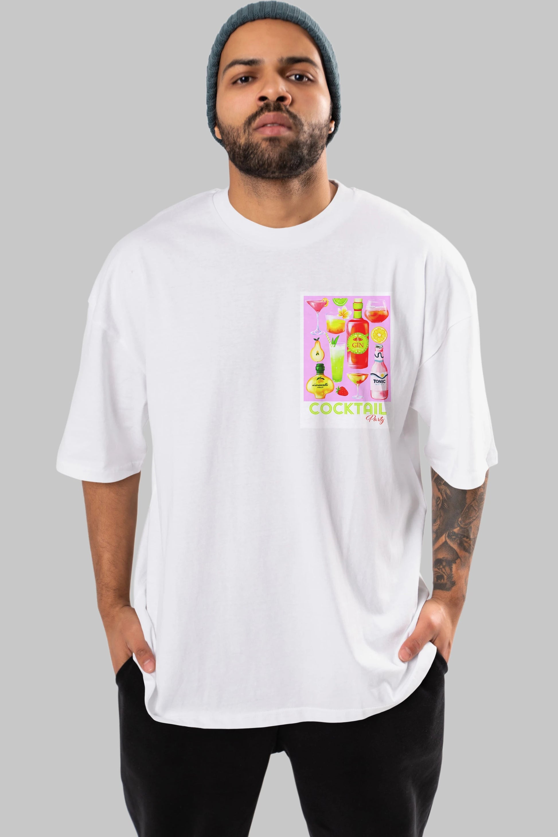 Cocktail Party Ön Sol Baskılı Oversize t-shirt Erkek Kadın Unisex %100 Pamuk Bisiklet Yaka tişort