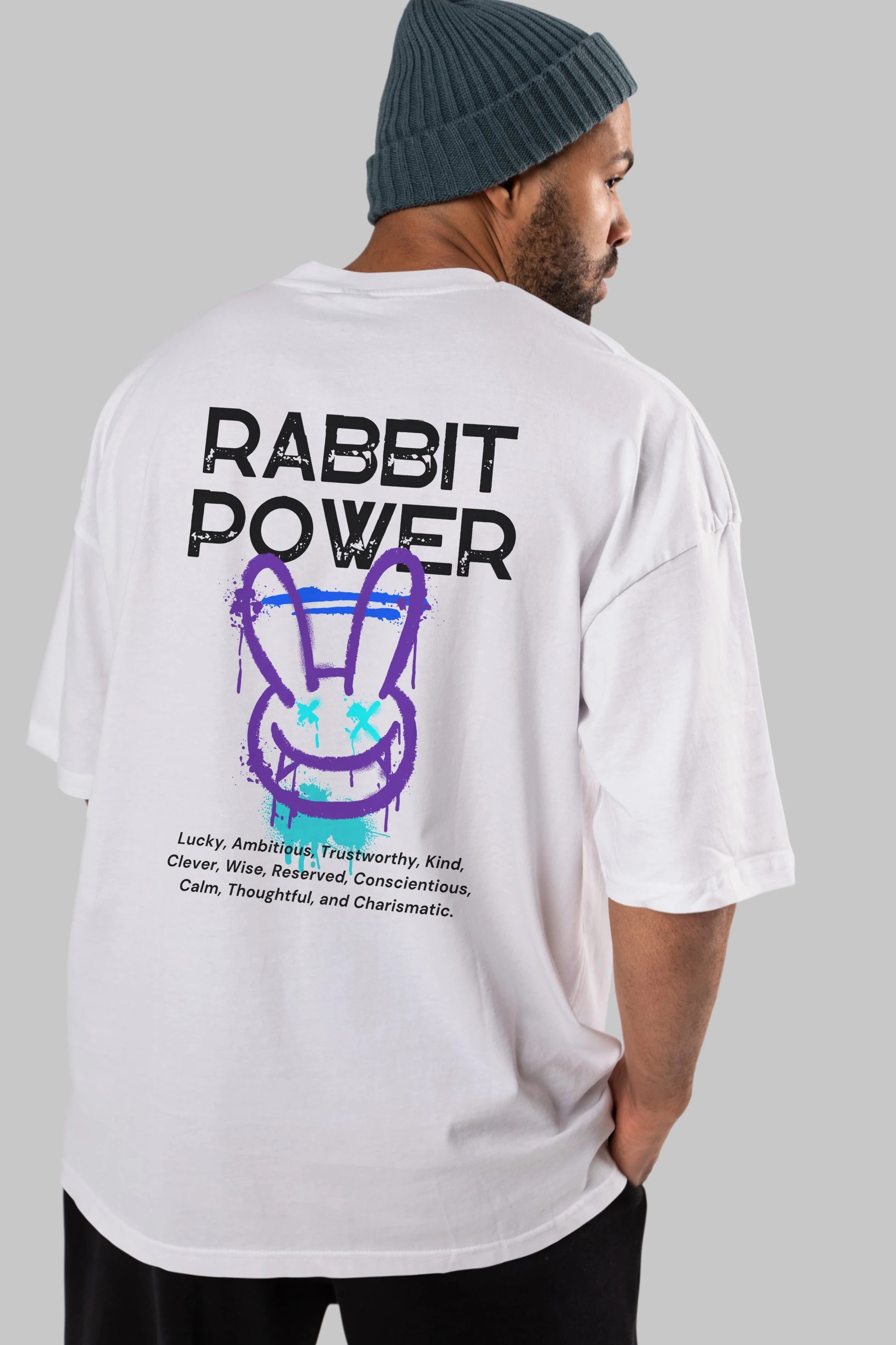 Rabbit Power Yazılı Arka Baskılı Oversize t-shirt Erkek Kadın Unisex