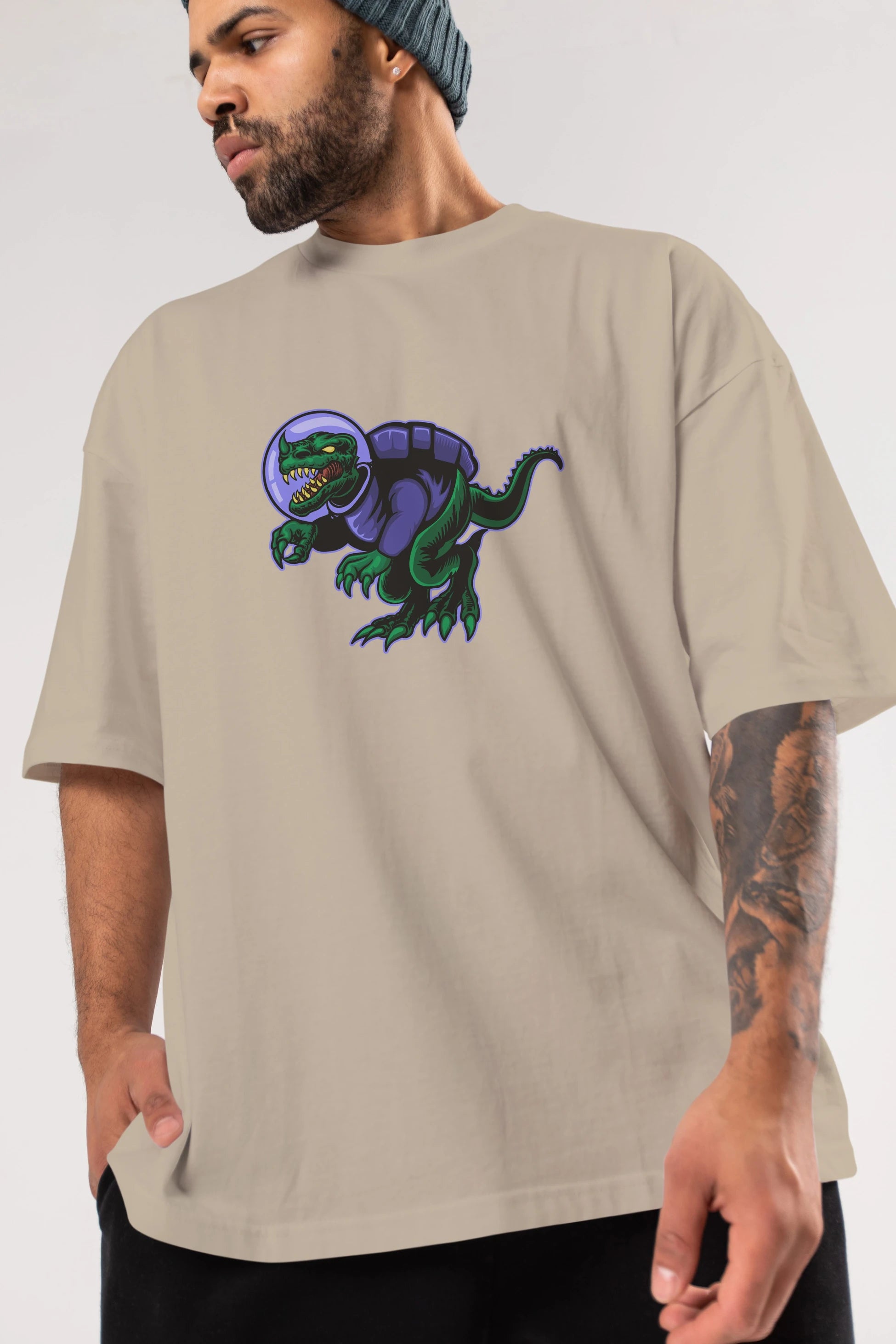 Space Dino Ön Baskılı Oversize t-shirt Erkek Kadın Unisex