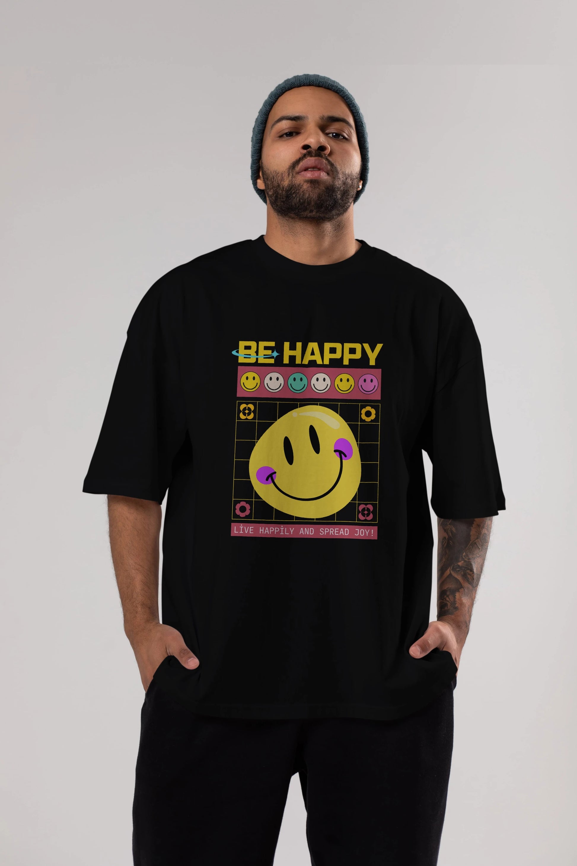 Be Happy Yazılı Ön Baskılı Oversize t-shirt Erkek Kadın Unisex