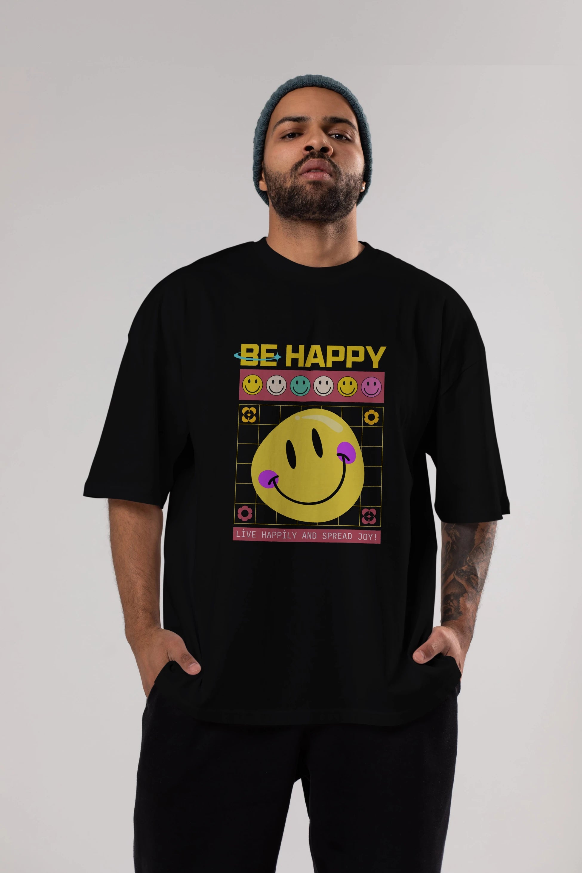 Be Happy Yazılı Ön Baskılı Oversize t-shirt Erkek Kadın Unisex