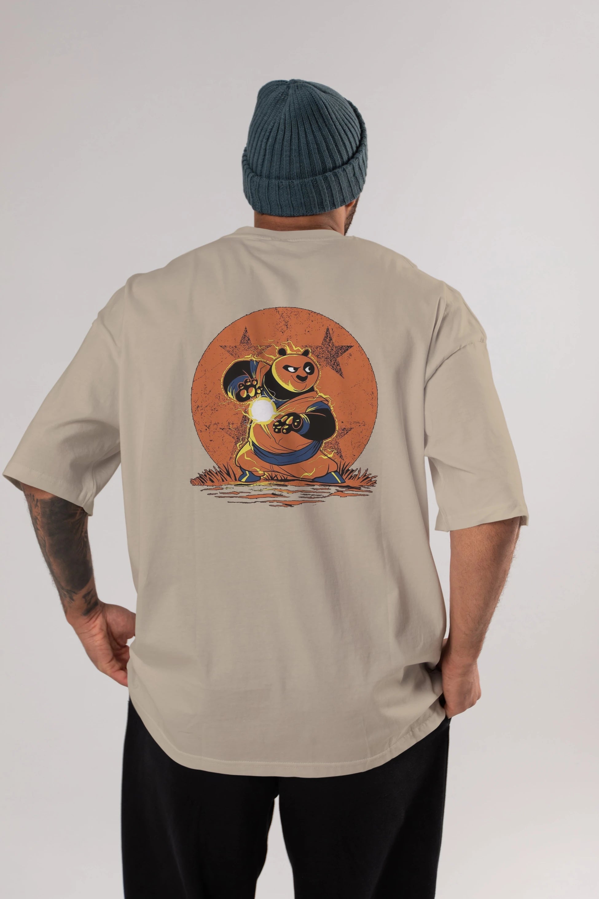 Kung Fu Panda Arka Baskılı Oversize t-shirt Erkek Kadın Unisex %100 Pamuk Bisiklet Yaka tişort