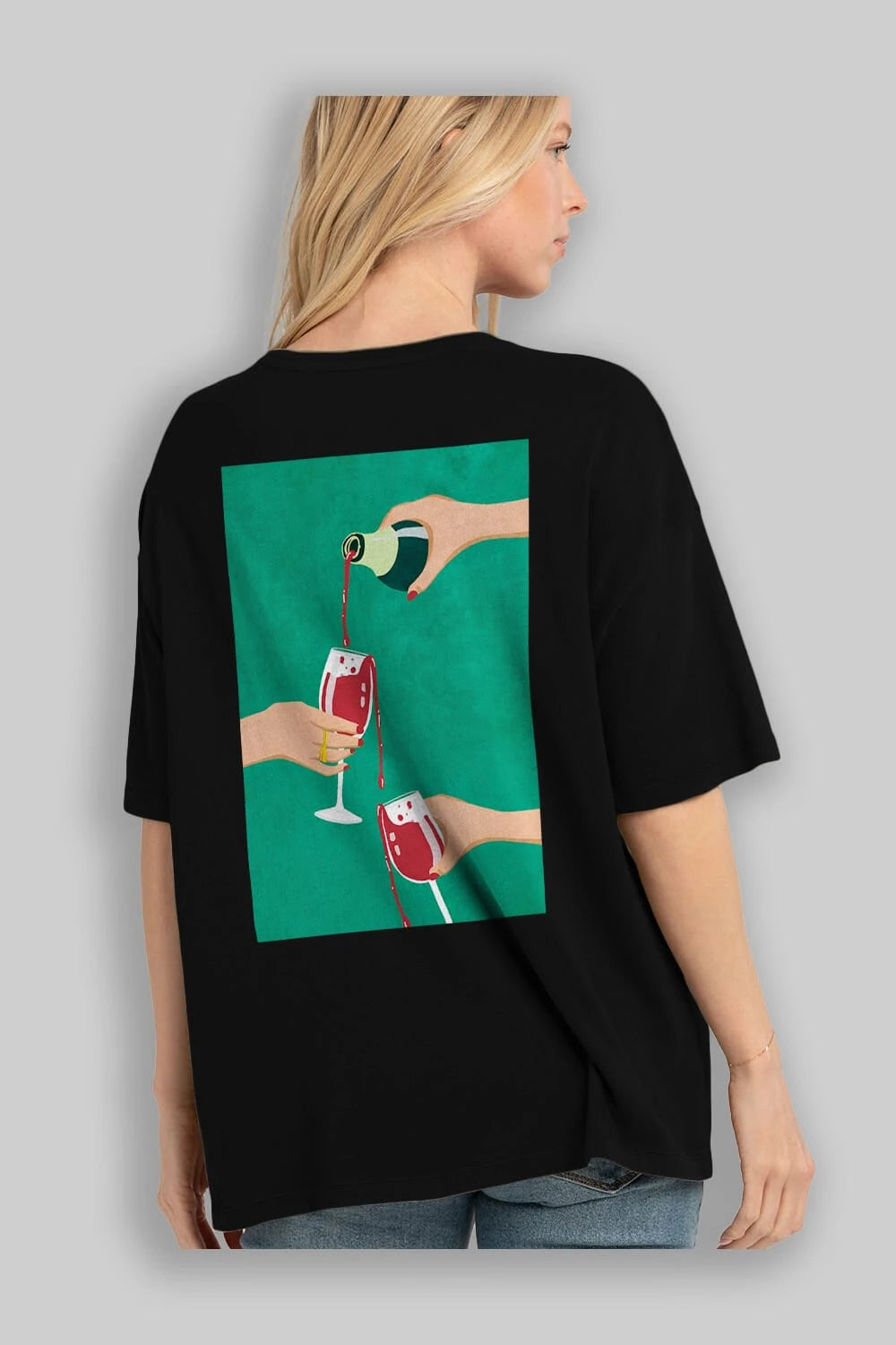 Wine 2 Arka Baskılı Oversize t-shirt Erkek Kadın Unisex %100 Pamuk Bisiklet Yaka tişort