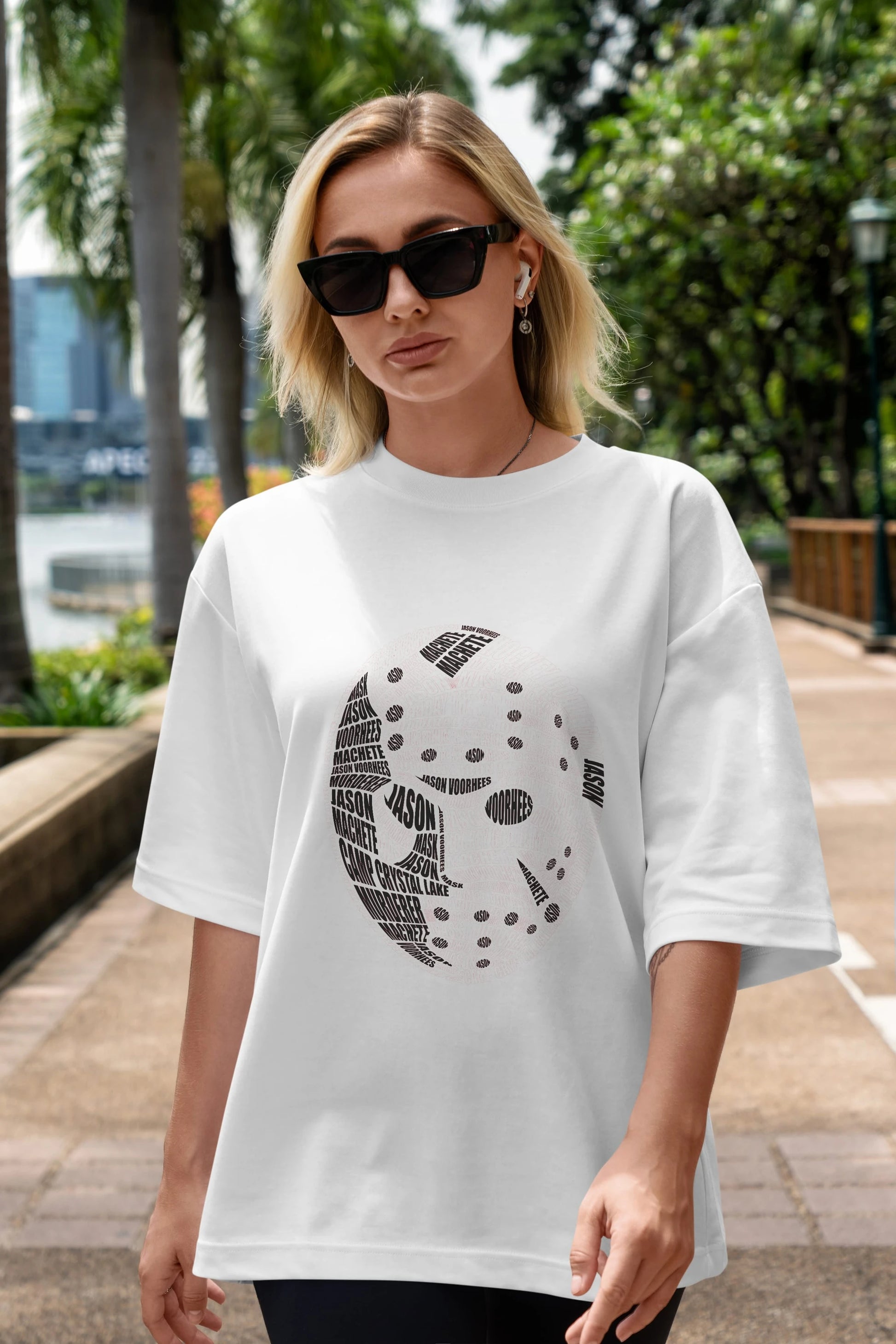 Jason Voorhees Calligram Ön Baskılı Oversize t-shirt %100 pamuk Erkek Kadın Unisex