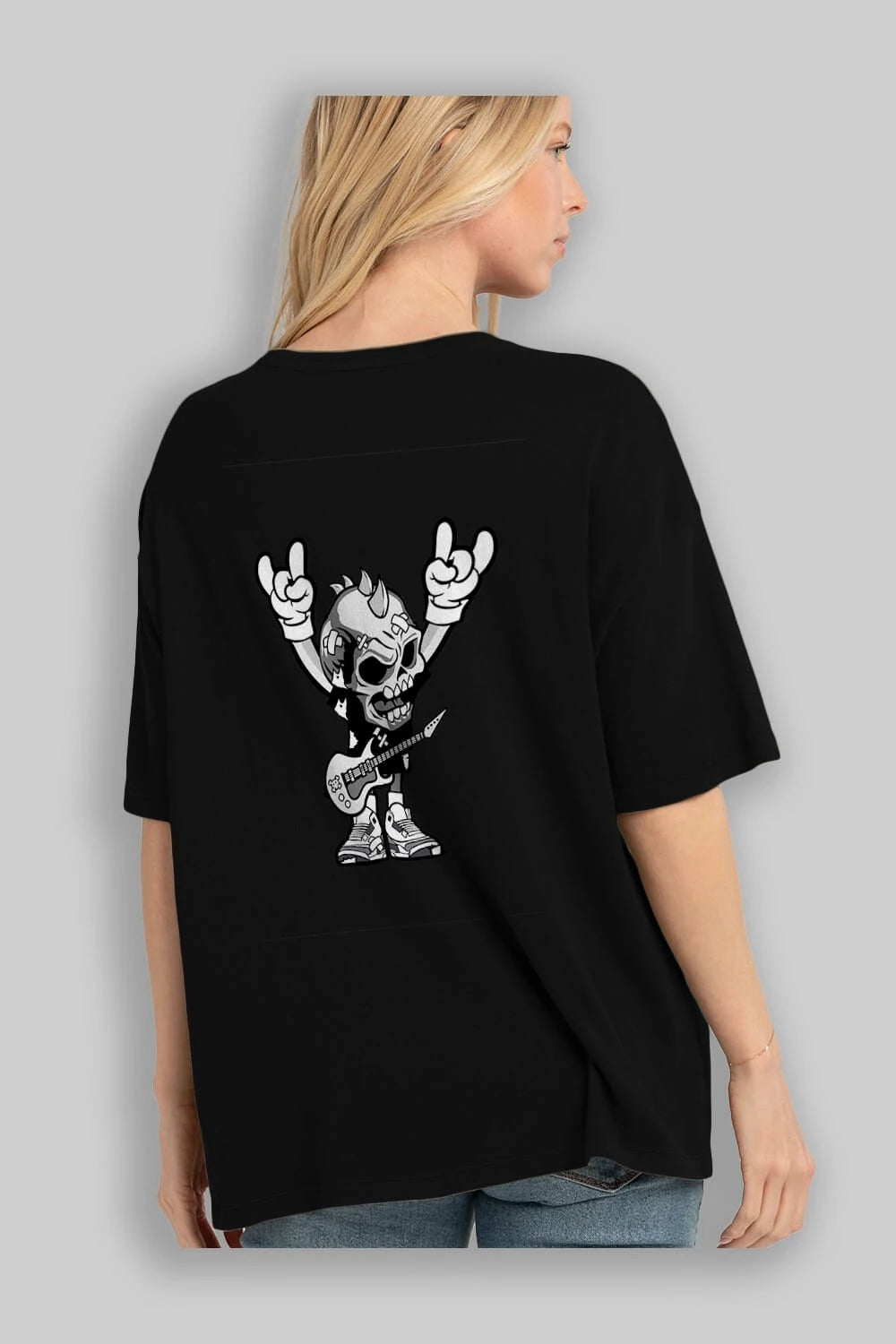 Punk Rock Skull Arka Baskılı Oversize t-shirt Erkek Kadın Unisex %100 Pamuk tişort