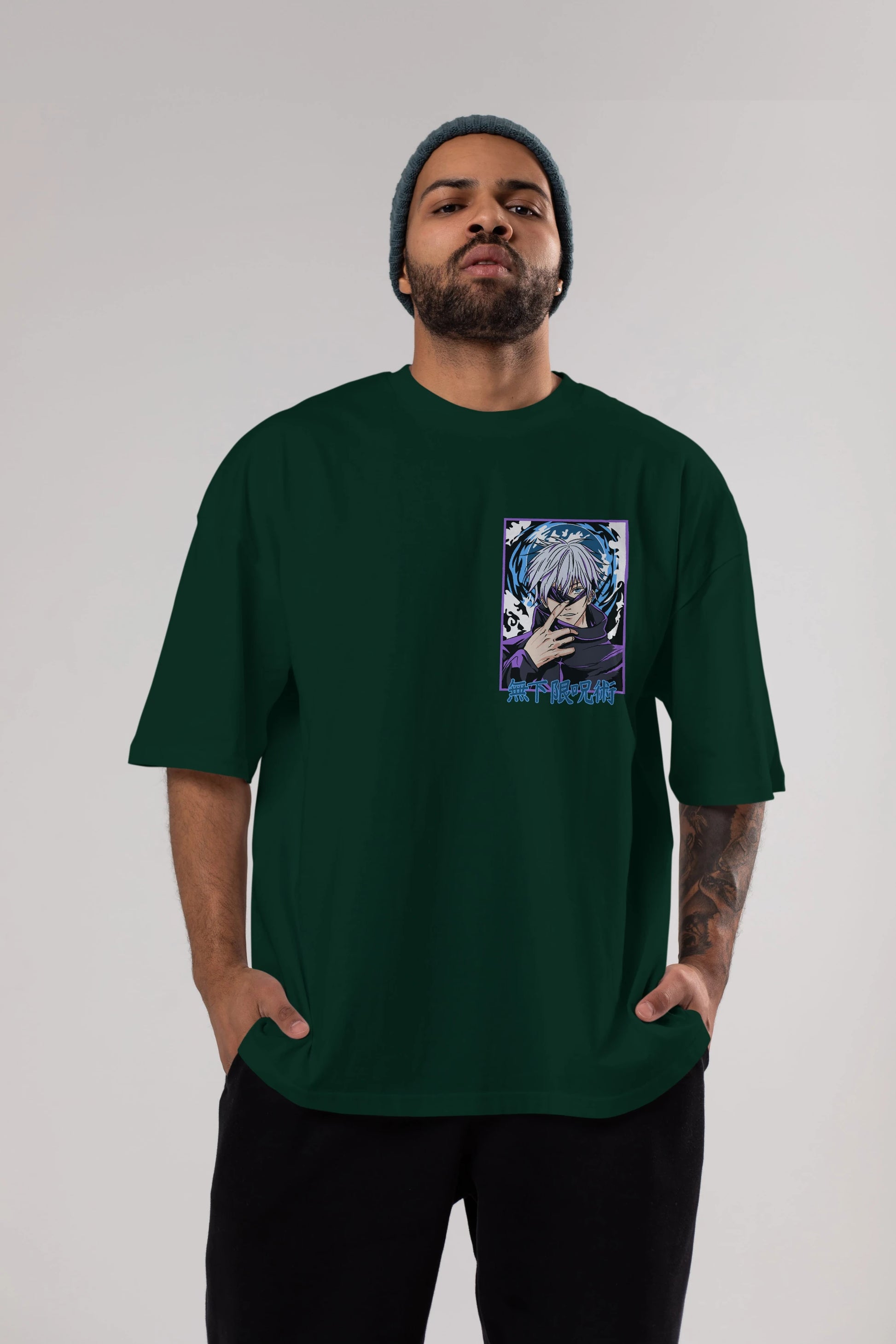 SATORU GOJO 3 Ön Sol Baskılı Oversize t-shirt Erkek Kadın Unisex %100 Pamuk Bisiklet Yaka tişort