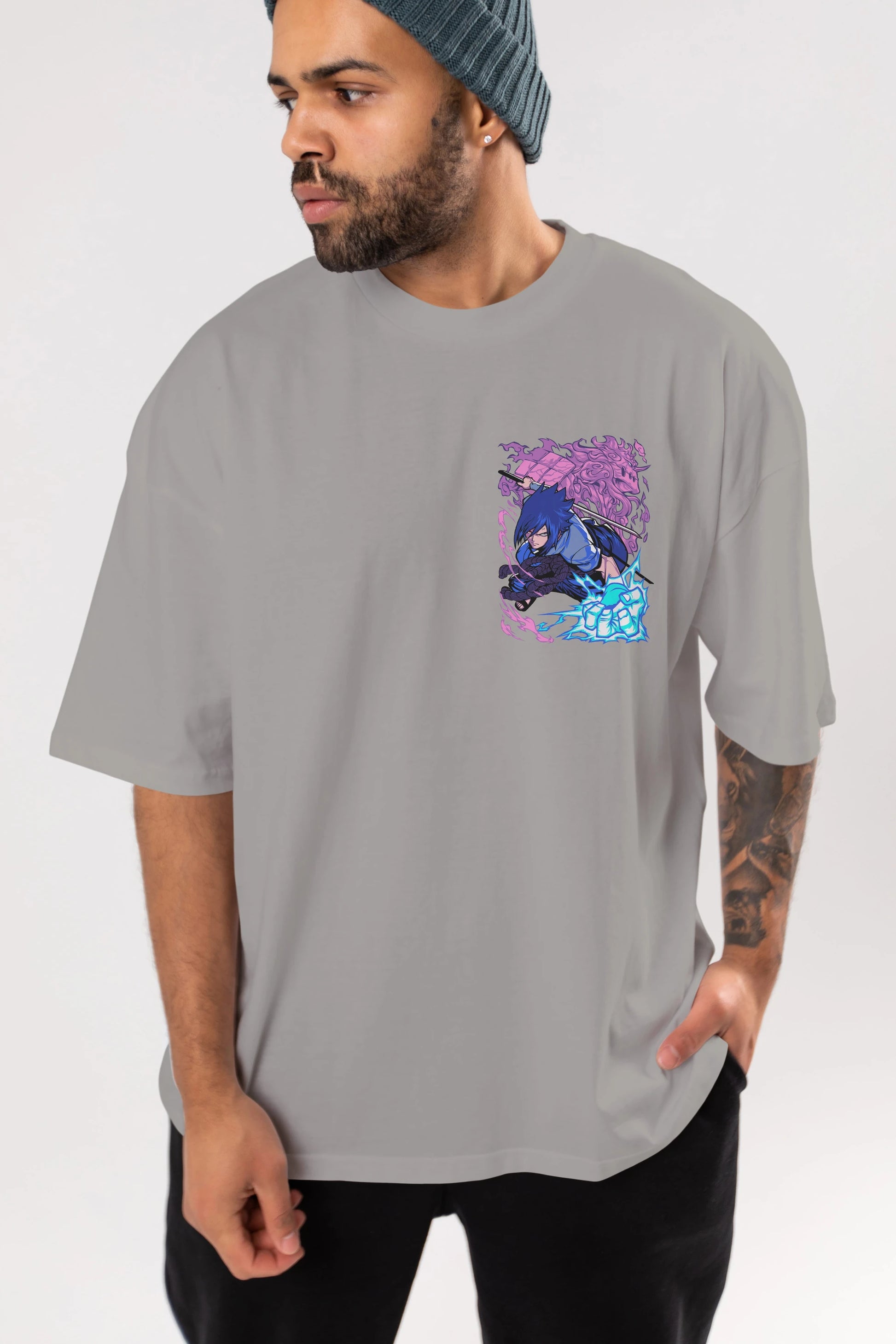 NARUTO SASUKE UCHIHA 2 Ön Sol Baskılı Oversize t-shirt Erkek Kadın Unisex %100 Pamuk Bisiklet Yaka tişort