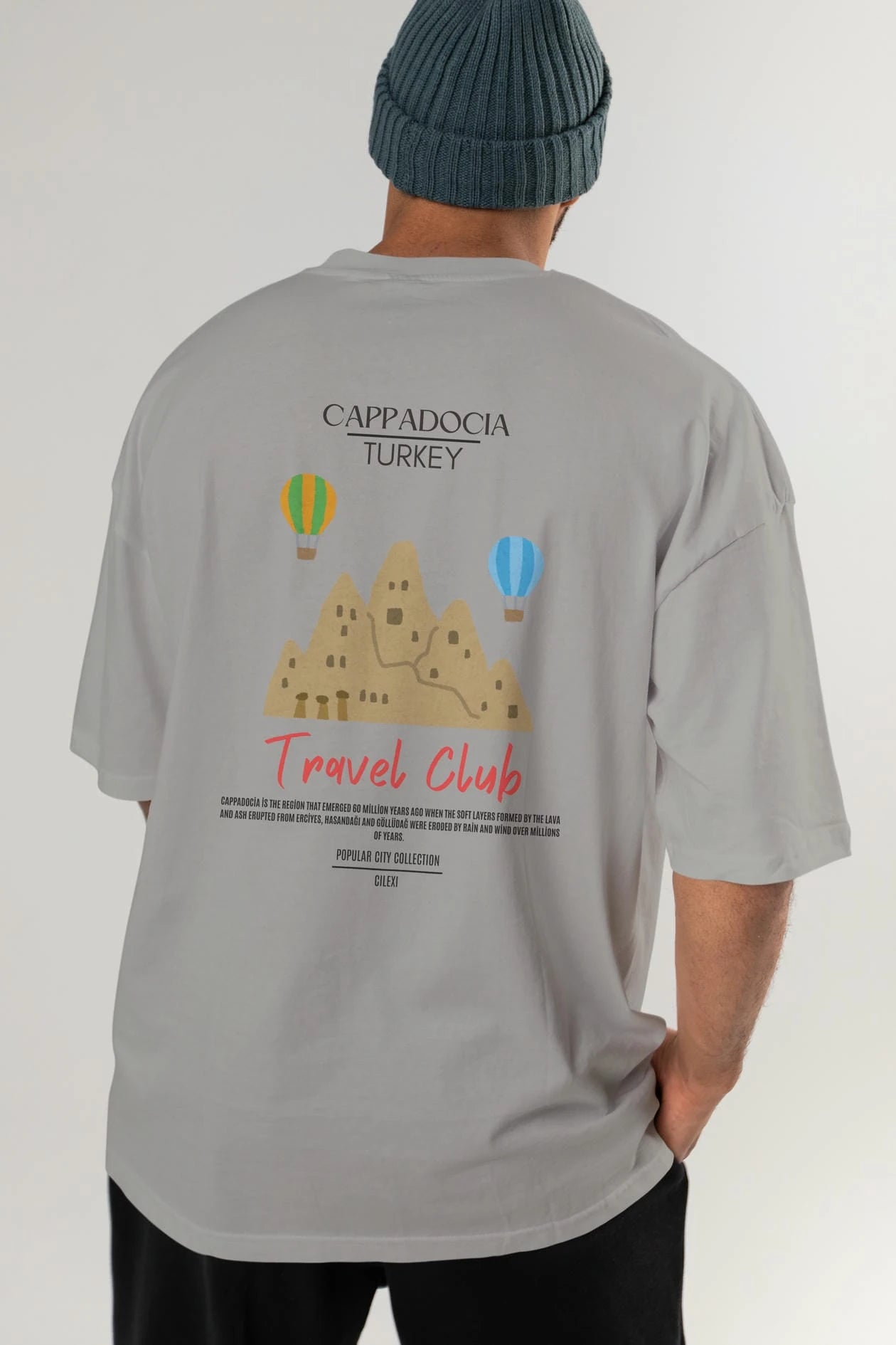 Cappadocia Turkey Arka Baskılı Oversize t-shirt Erkek Kadın Pamuk Bisiklet Yaka tişort