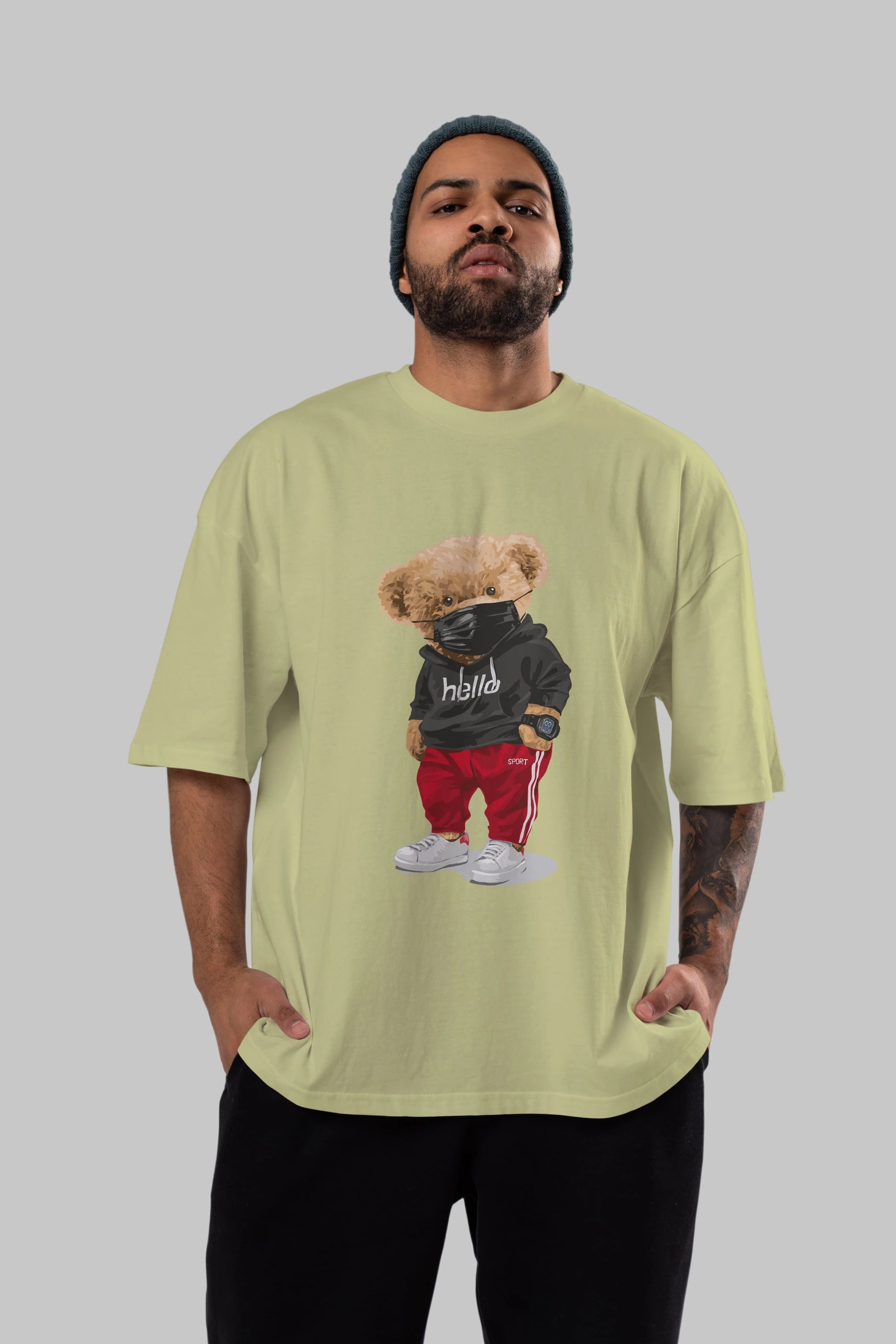 Teddy Bear Hello Sport Ön Baskılı Oversize t-shirt Erkek Kadın Unisex %100 Pamuk