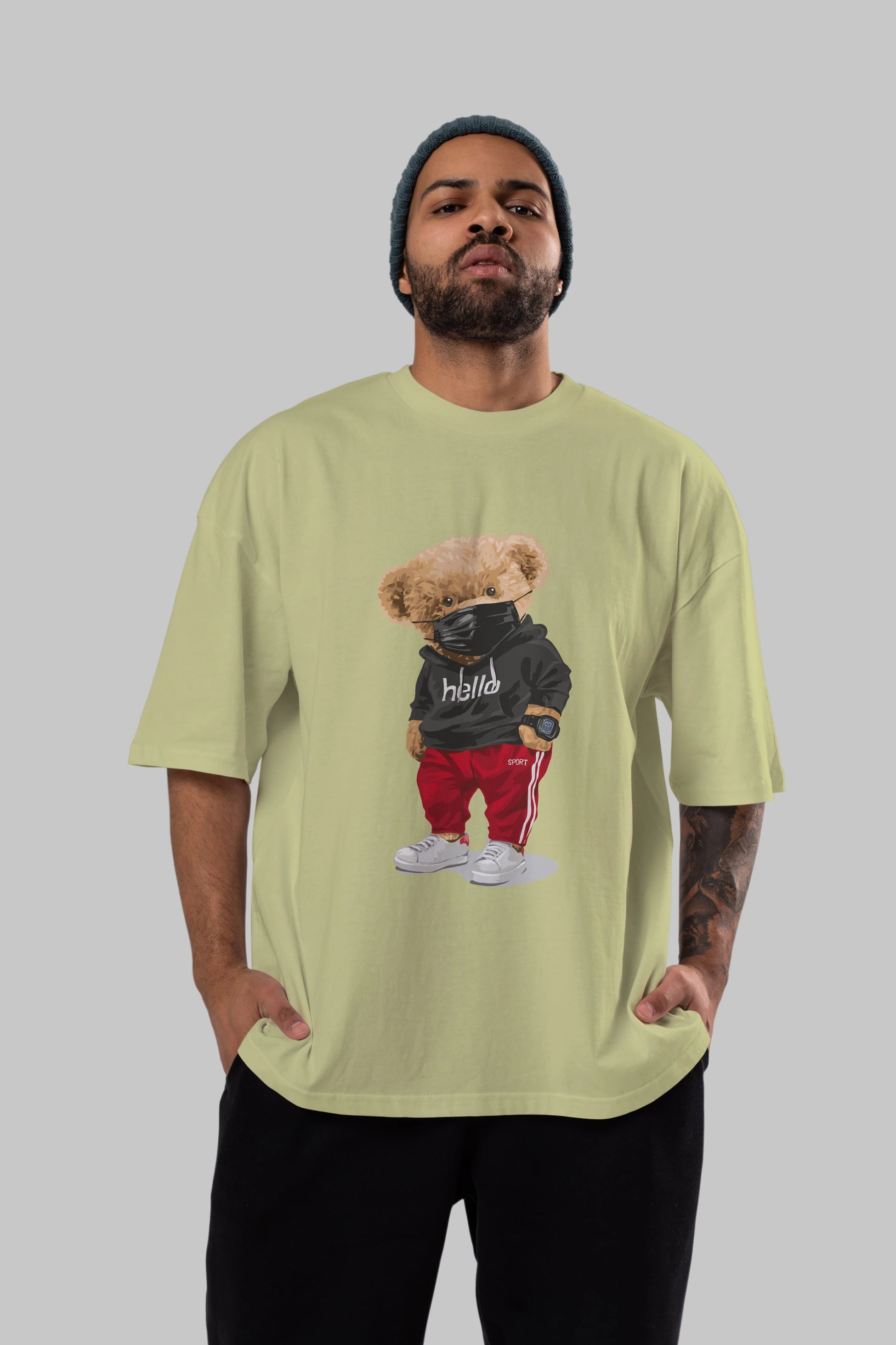 Teddy Bear Hello Sport Ön Baskılı Oversize t-shirt Erkek Kadın Unisex %100 Pamuk