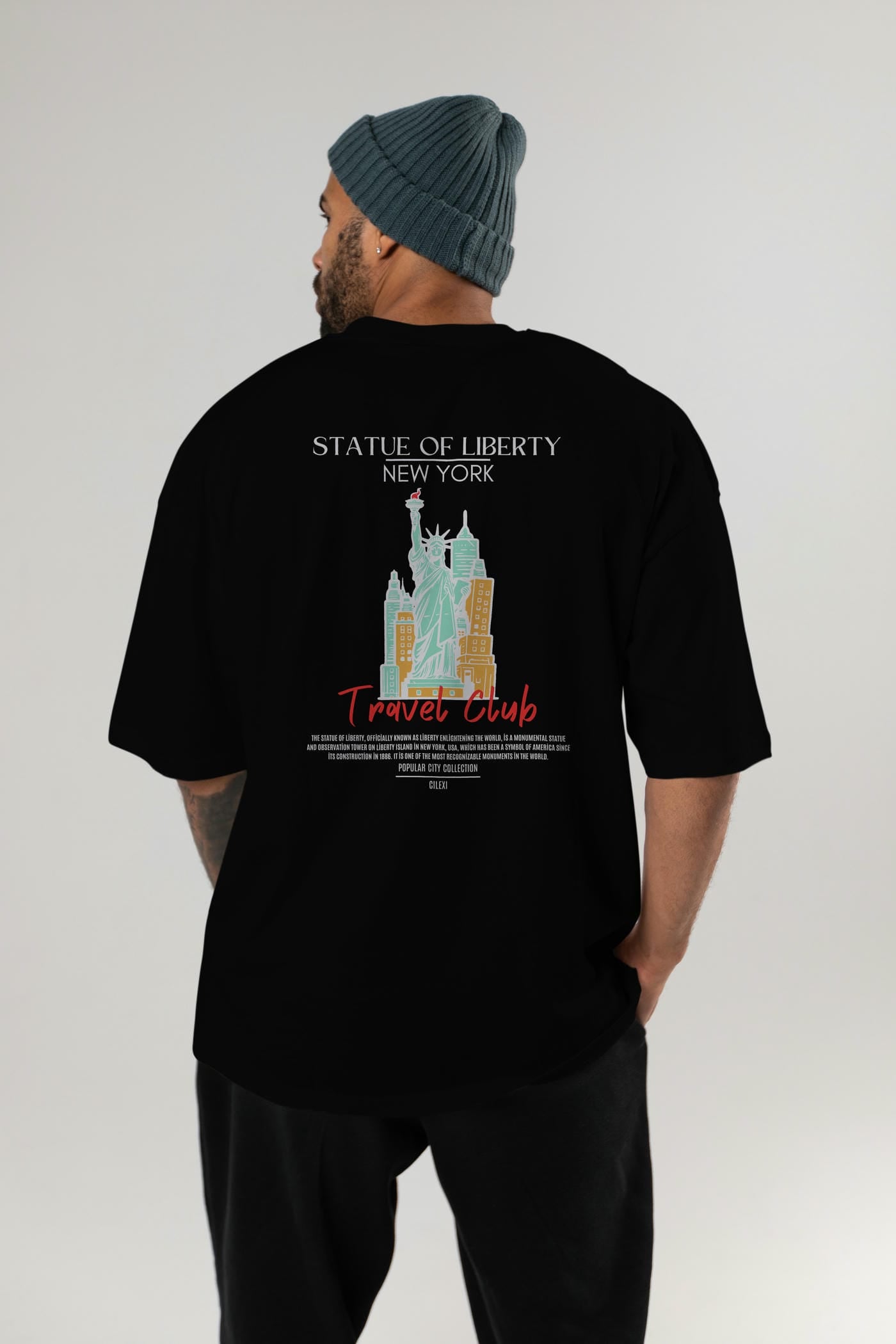 Statue Of Liberty New York Arka Baskılı Oversize t-shirt Erkek Kadın Pamuk Bisiklet Yaka tişort