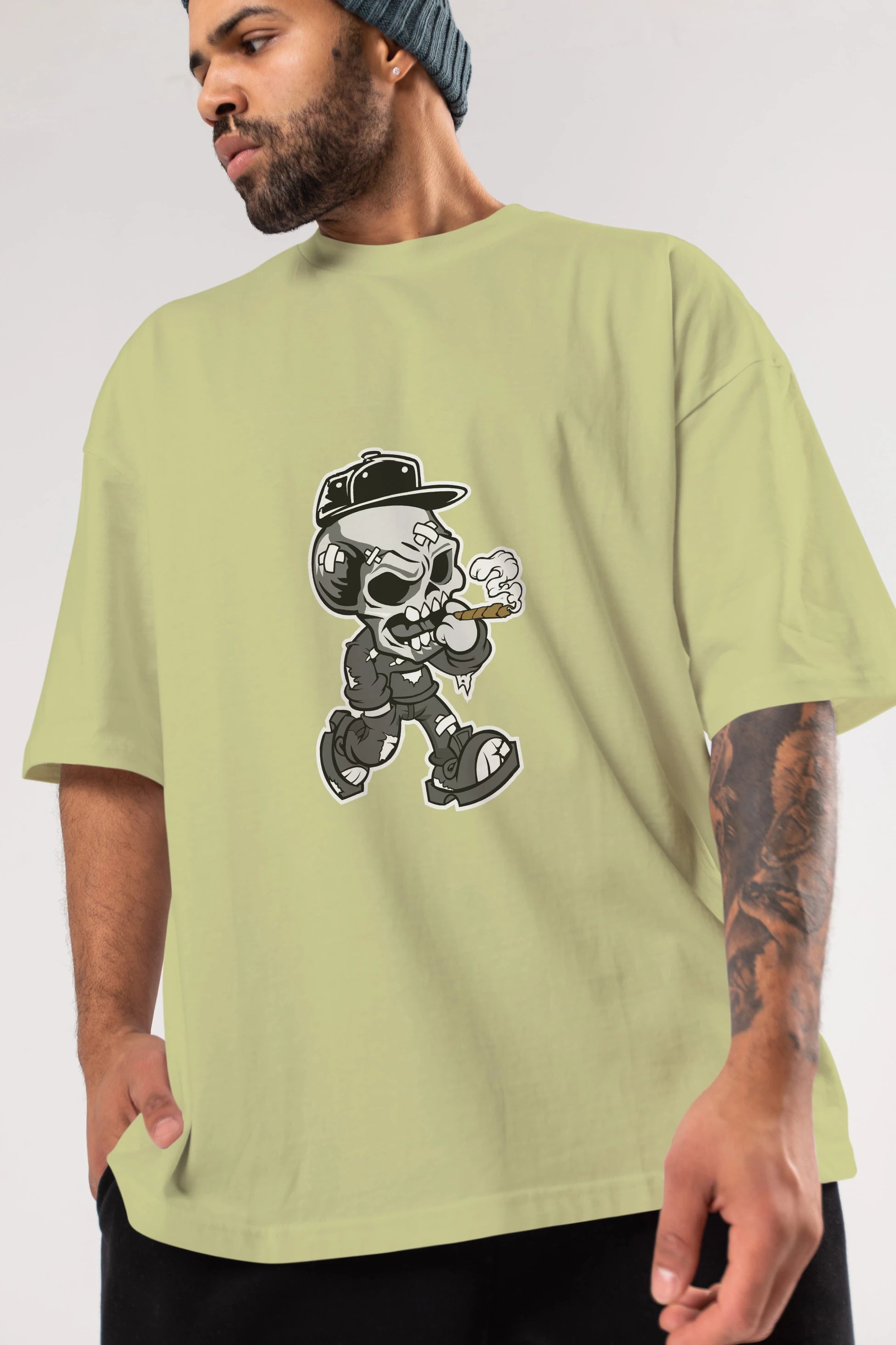 Skull Smoker Ön Baskılı Oversize t-shirt Erkek Kadın Unisex %100 Pamuk tişort