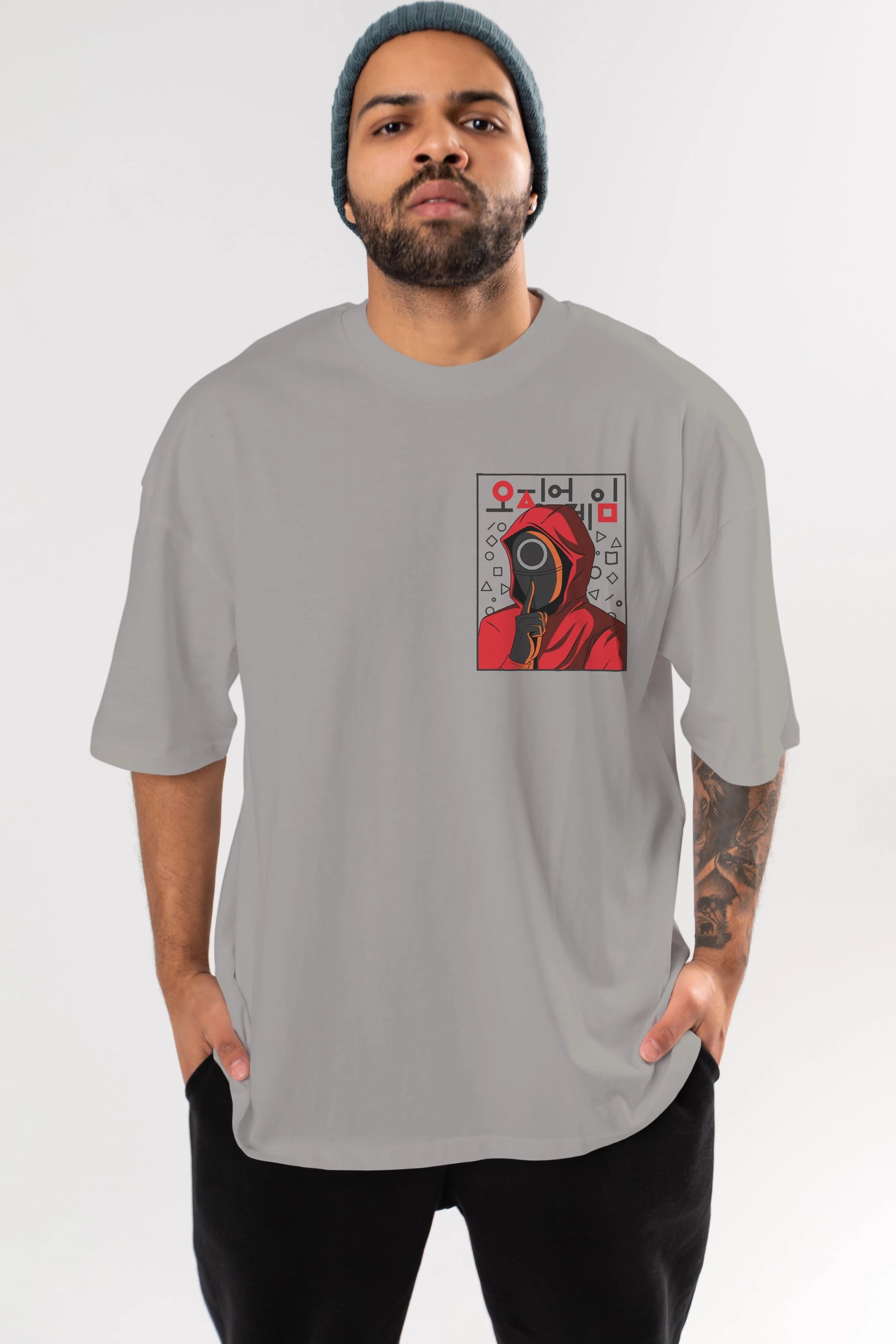 Squid Game (5) Ön Sol Baskılı Oversize t-shirt Erkek Kadın Unisex %100 Pamuk Bisiklet Yaka tişort
