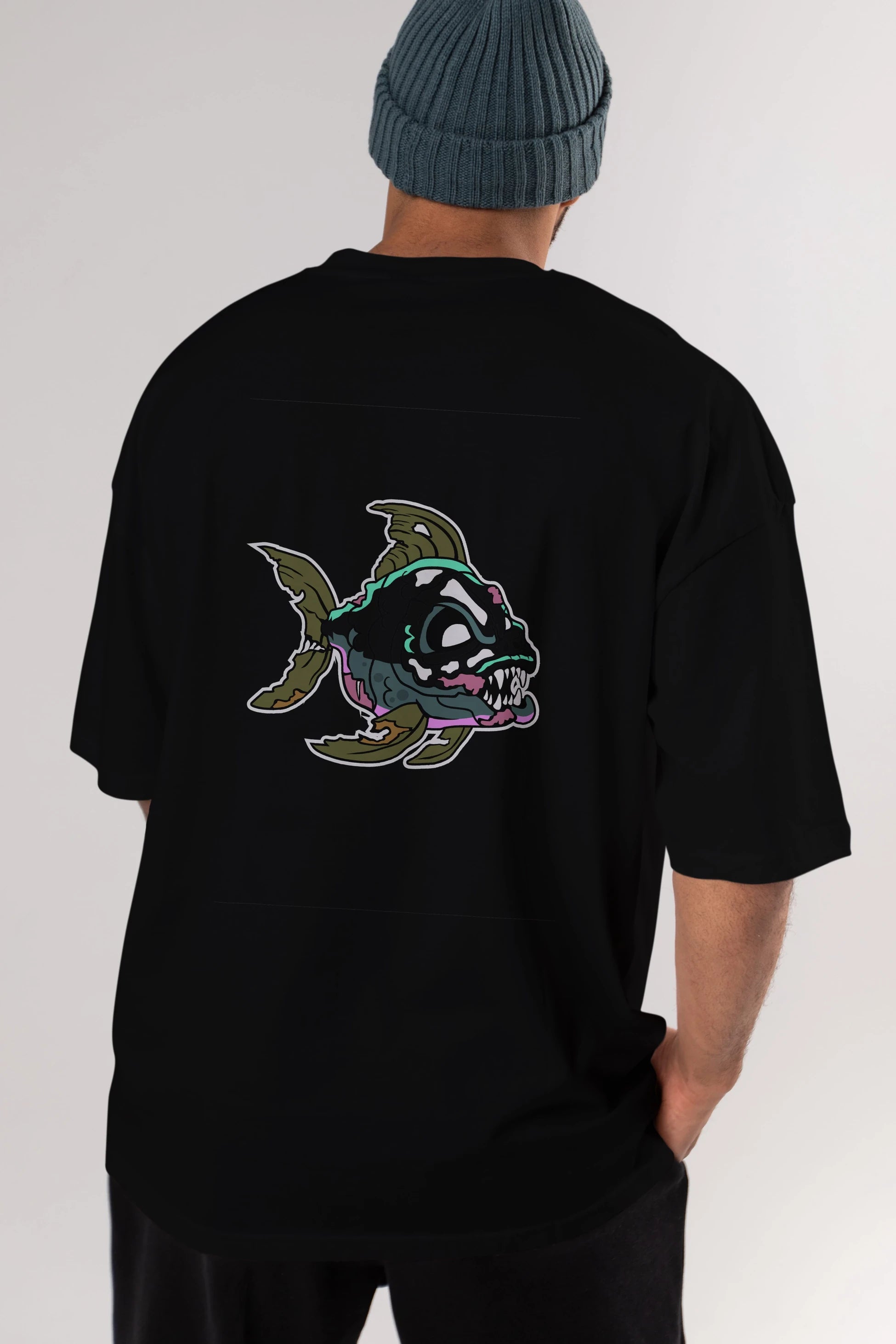 Fish Monster Arka Baskılı Oversize t-shirt Erkek Kadın Unisex %100 Pamuk tişort