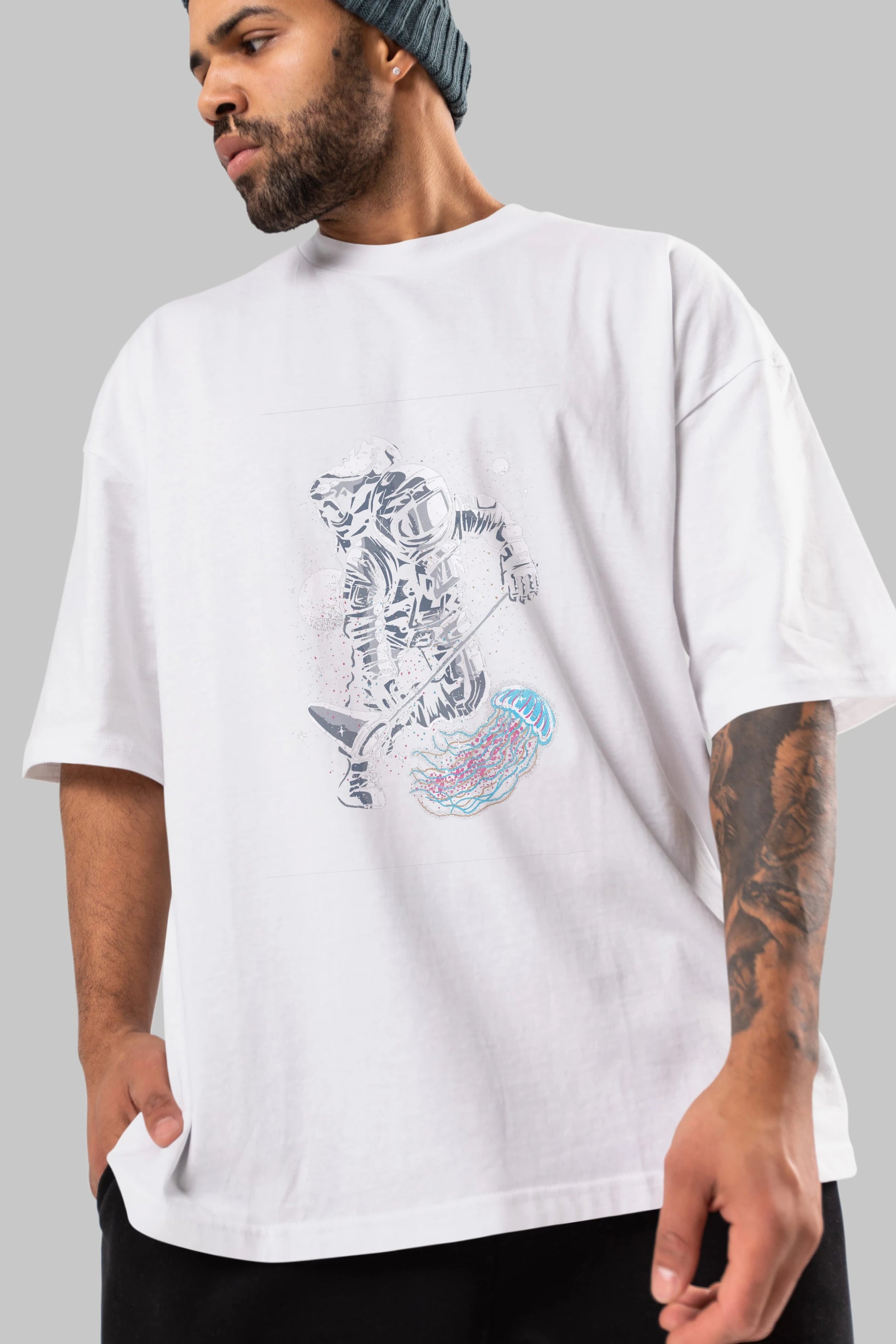 Astronaut Jellyfish Ön Baskılı Oversize t-shirt Erkek Kadın Unisex %100 Pamuk tişort