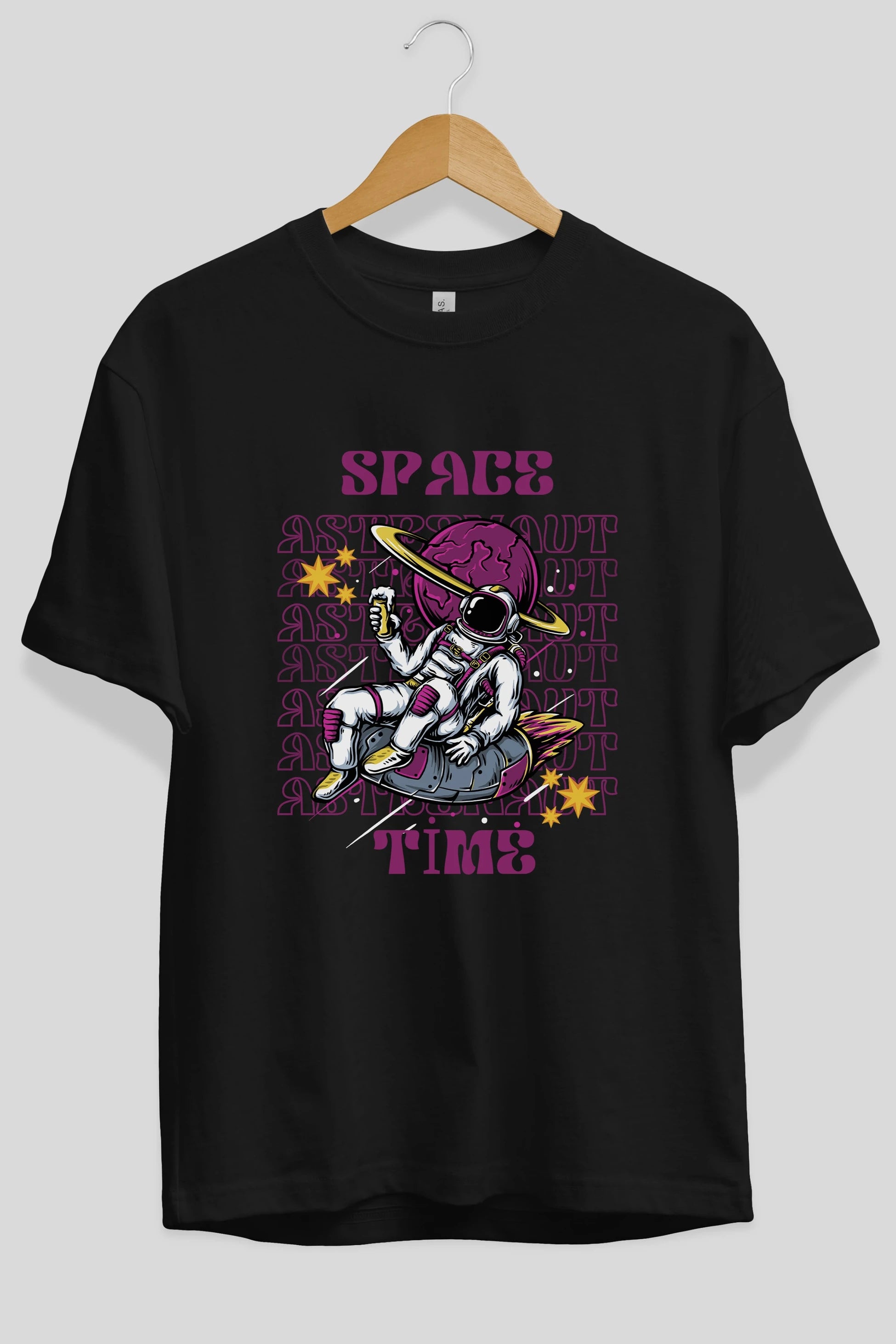 Space Time Astronaut Yazılı Ön Baskılı Oversize t-shirt Erkek Kadın Unisex