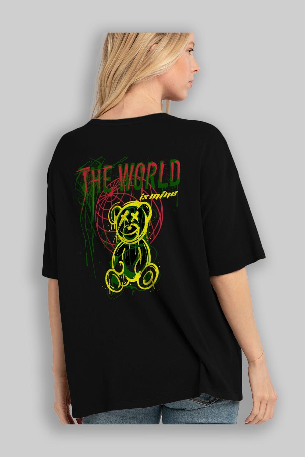 The World is Mine Bear Arka Baskılı Oversize t-shirt Erkek Kadın Unisex