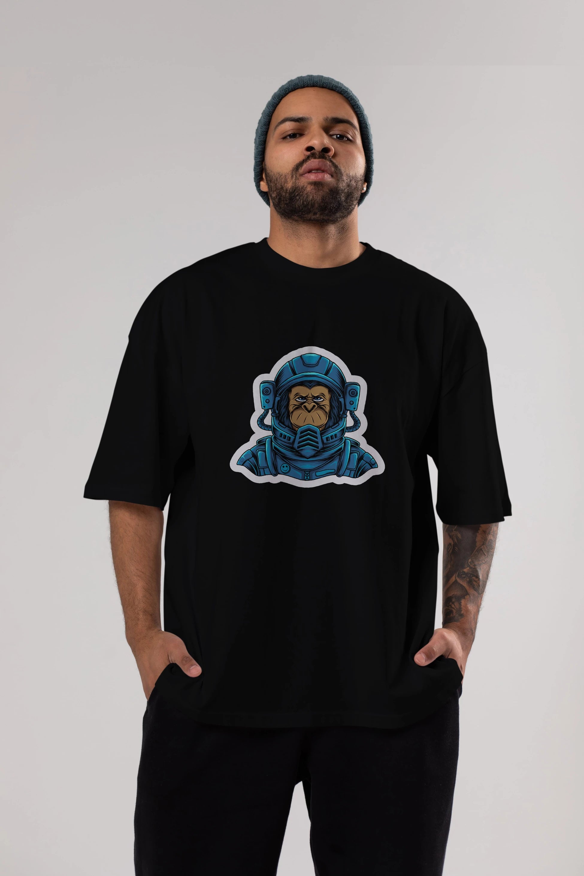 Astromonkey Sticker Ön Baskılı Oversize t-shirt Erkek Kadın Unisex