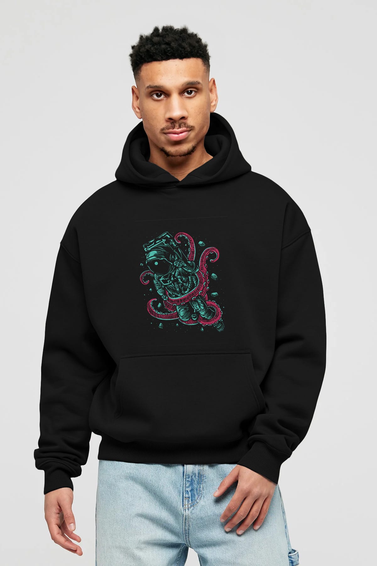 Astronaut Octopus Ön Baskılı Hoodie Oversize Kapüşonlu Sweatshirt Erkek Kadın Unisex