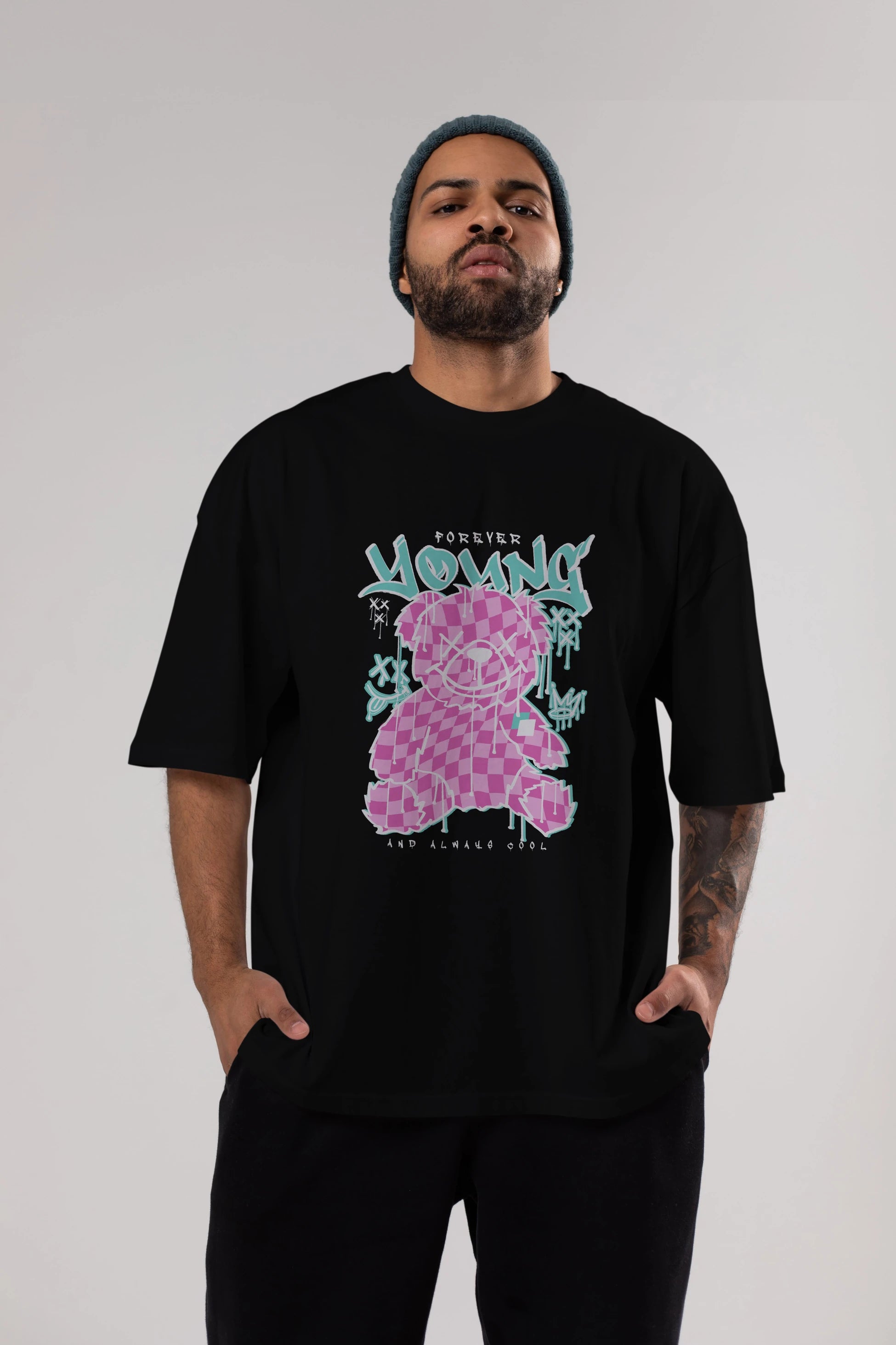 Young and Always Cool Bear Ön Baskılı Oversize t-shirt Erkek Kadın Unisex