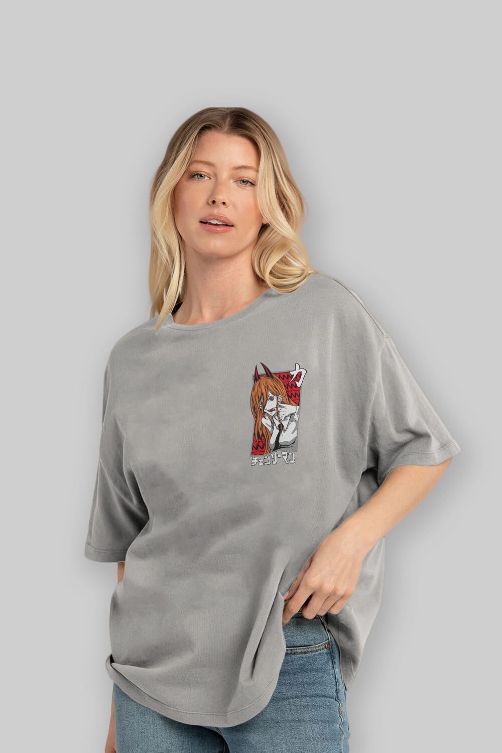 CHAINSAWMAN POWER Ön Sol Baskılı Oversize t-shirt Erkek Kadın Unisex %100 Pamuk Bisiklet Yaka tişort