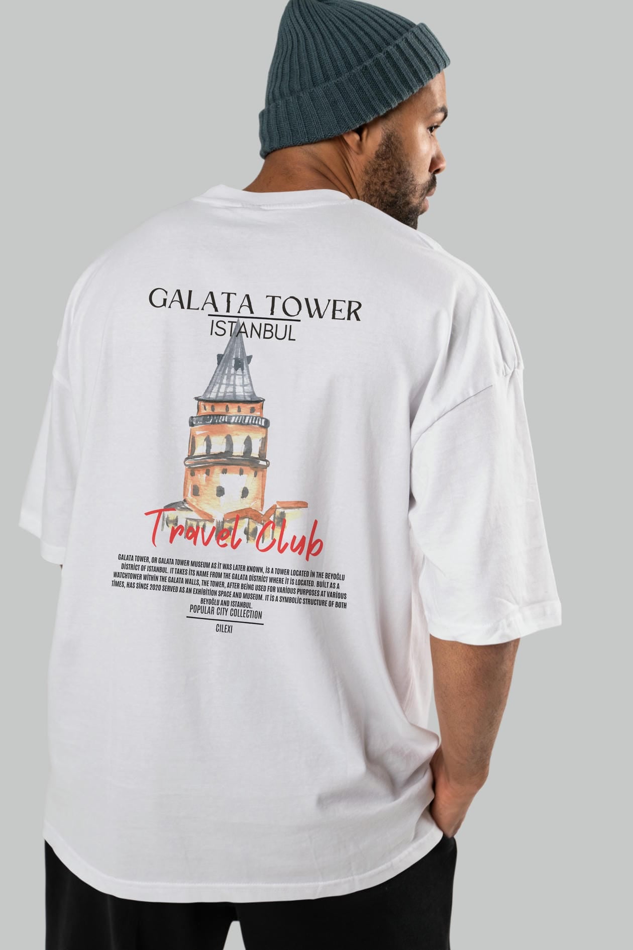 Galata Tower İstanbul Arka Baskılı Oversize t-shirt Erkek Kadın Pamuk Bisiklet Yaka tişort
