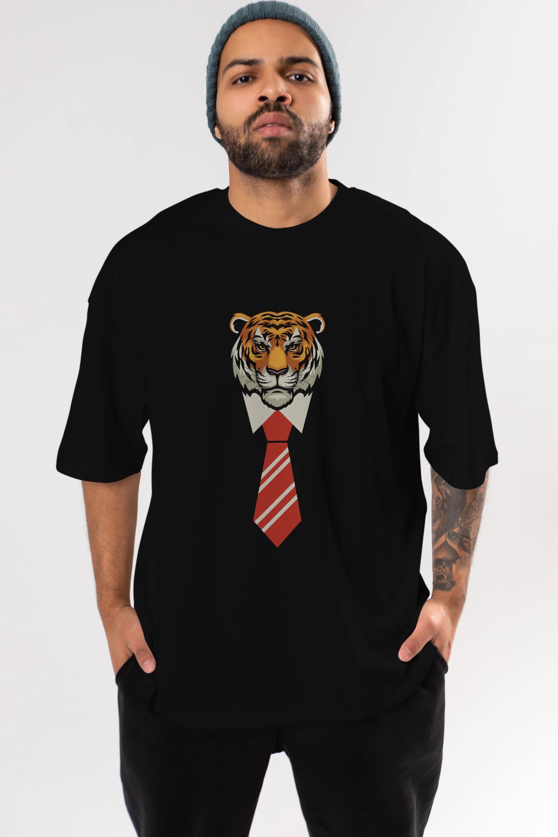 Tiger With Tie Ön Baskılı Oversize t-shirt Erkek Kadın Unisex