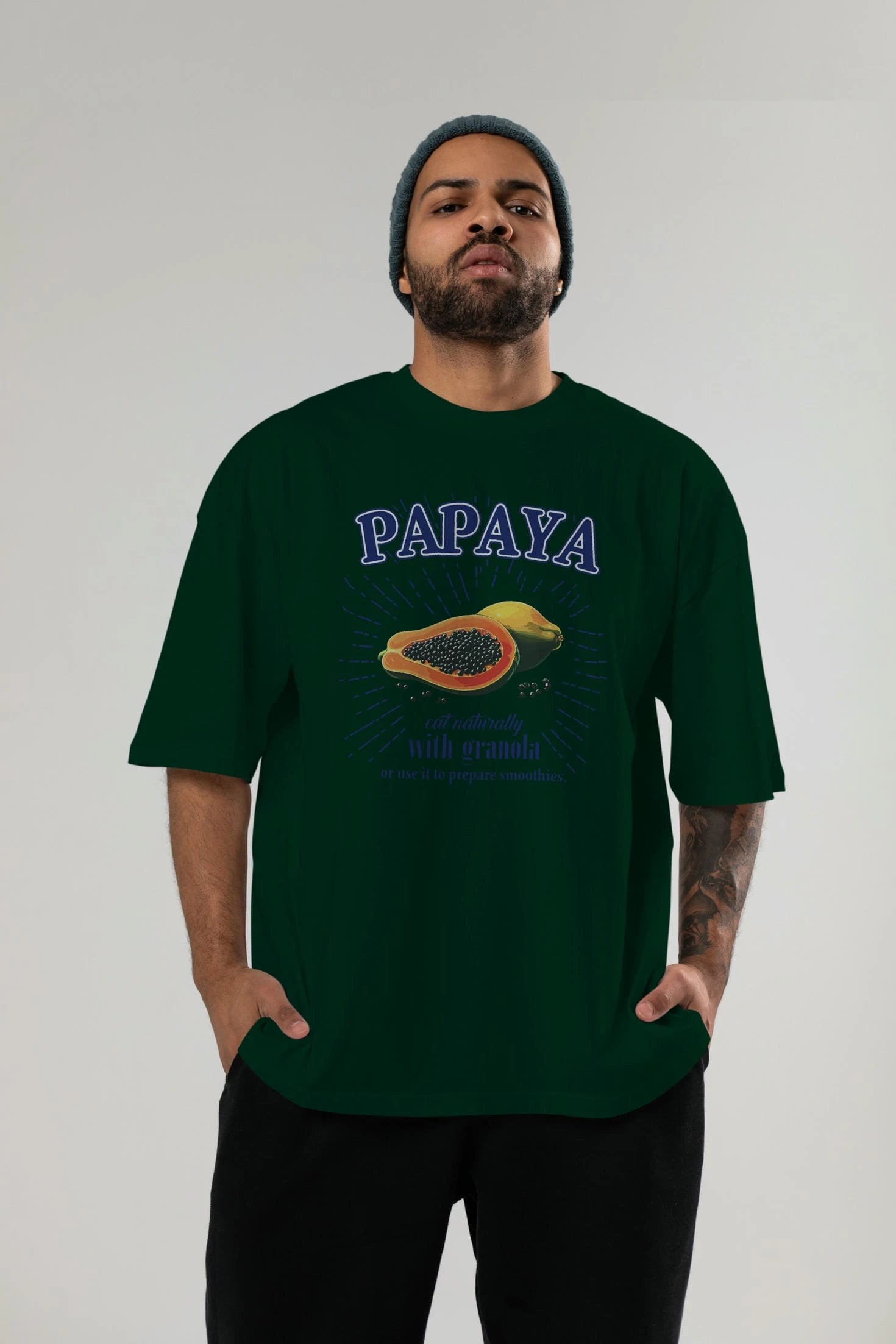 Papaya Ön Baskılı Oversize t-shirt Erkek Kadın Pamuk Bisiklet Yaka tişort