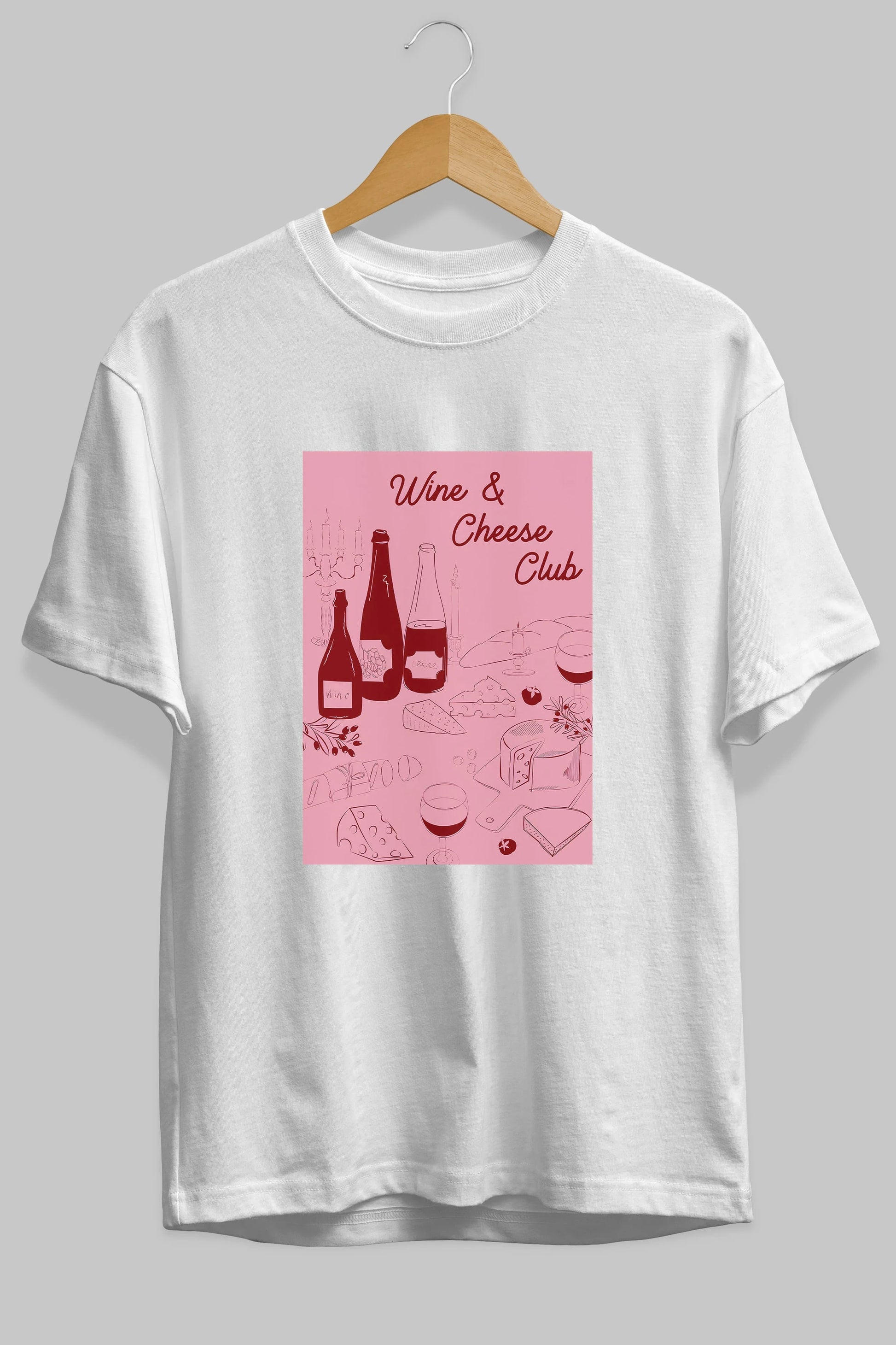 Wine Cheese Club Ön Baskılı Oversize t-shirt Erkek Kadın Unisex %100 Pamuk Bisiklet Yaka tişort