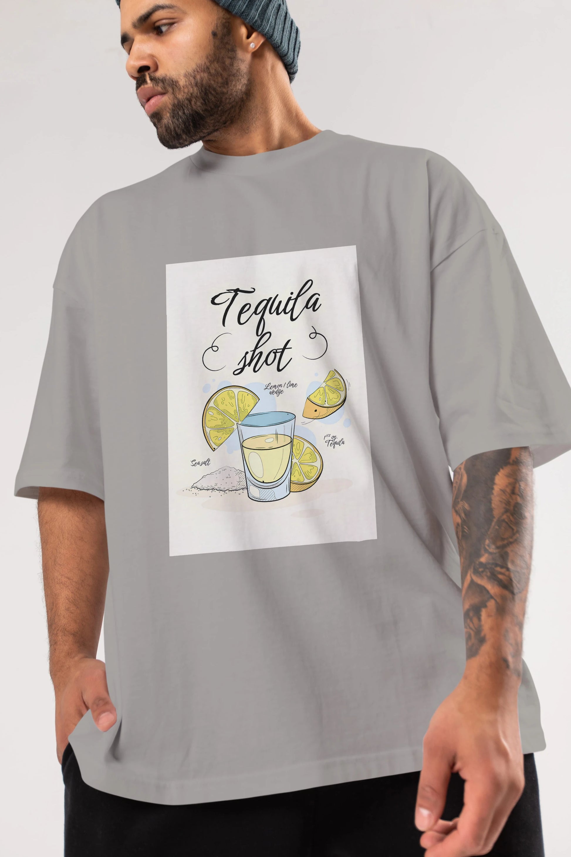 Tequila Shot Ön Baskılı Oversize t-shirt Erkek Kadın Unisex %100 Pamuk Bisiklet Yaka tişort