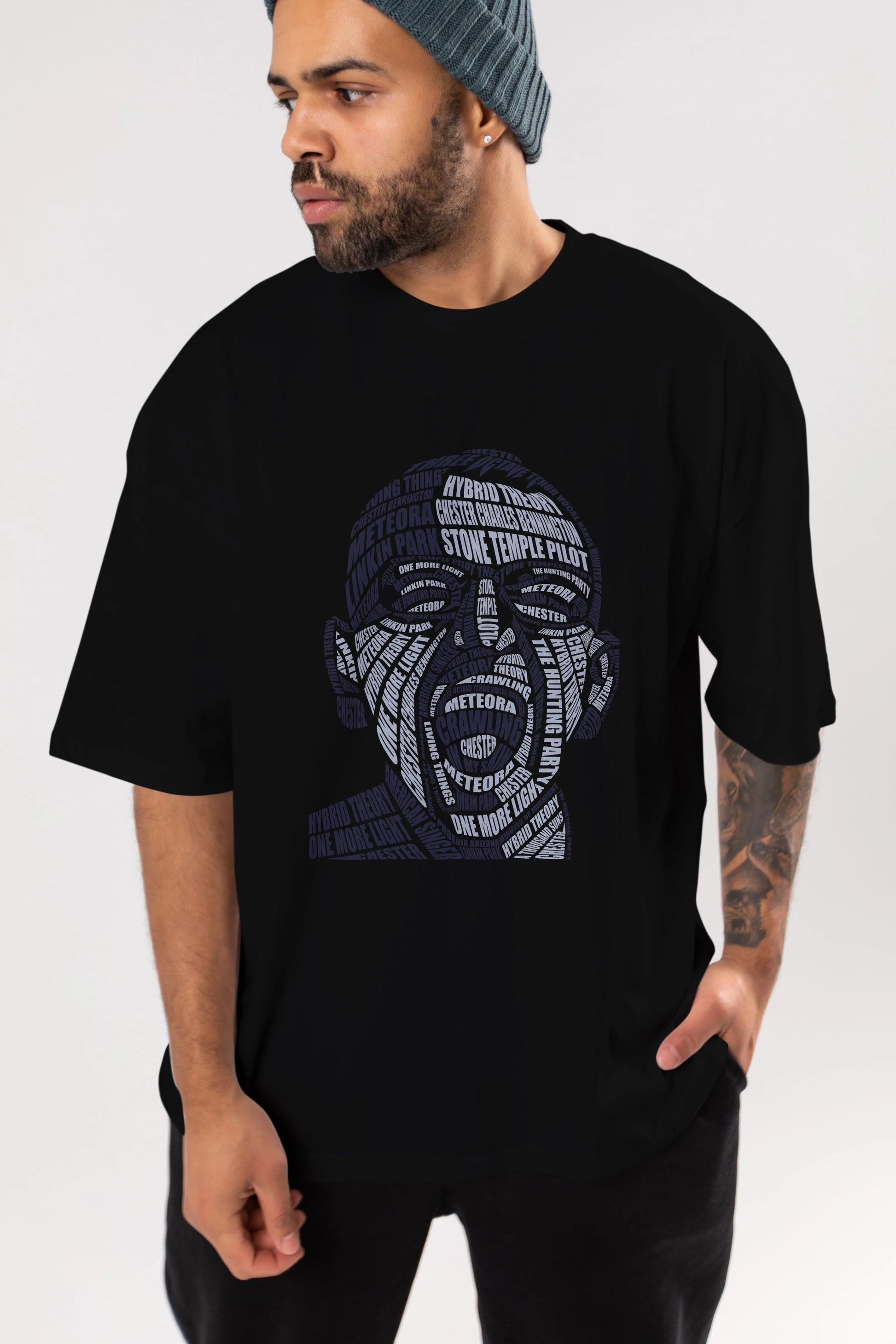 Chester Bennington Calligram Ön Baskılı Oversize t-shirt %100 pamuk Erkek Kadın Unisex
