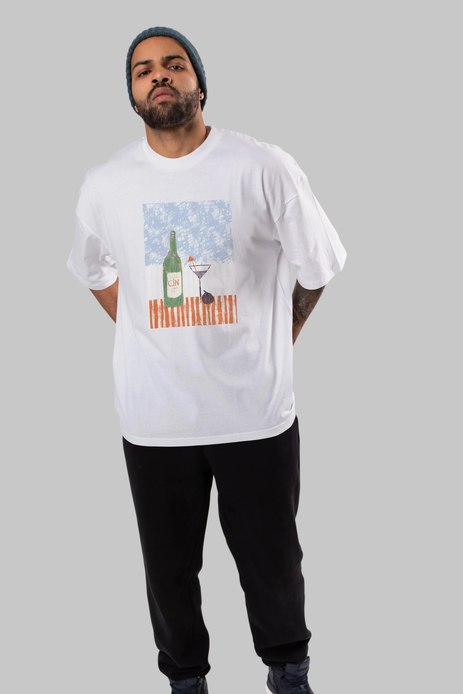 Gin Ön Baskılı Oversize t-shirt Erkek Kadın Unisex %100 Pamuk Bisiklet Yaka tişort