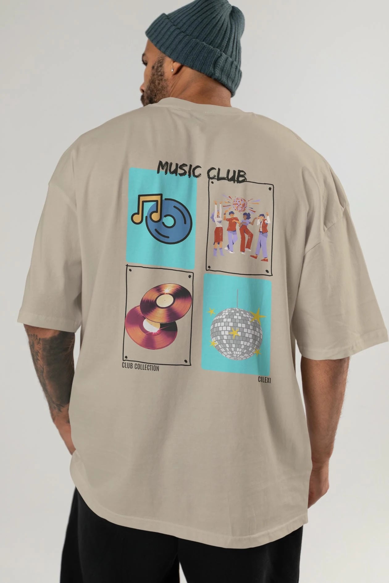 Music Club Arka Baskılı Oversize t-shirt Erkek Kadın %100 Pamuk Bisiklet Yaka tişort