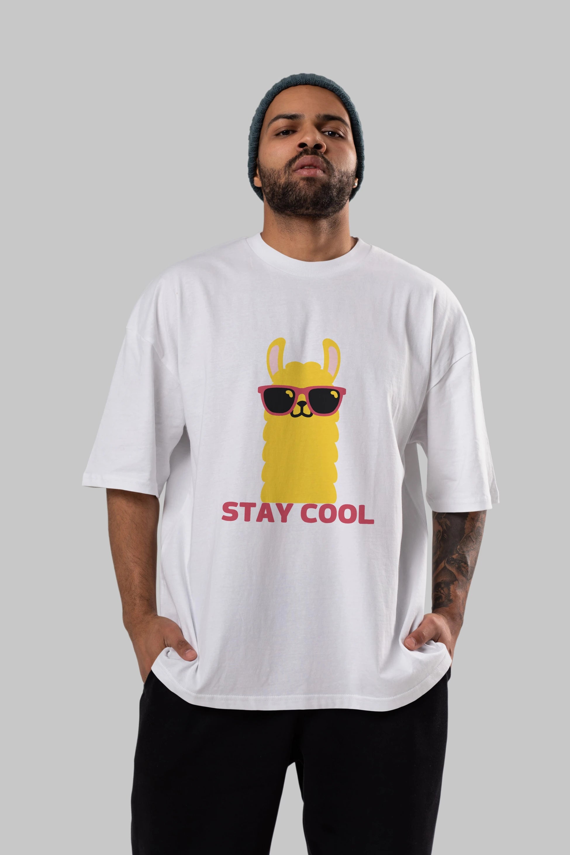 Stay Cool Yazılı Lama Ön Baskılı Oversize t-shirt Erkek Kadın Unisex
