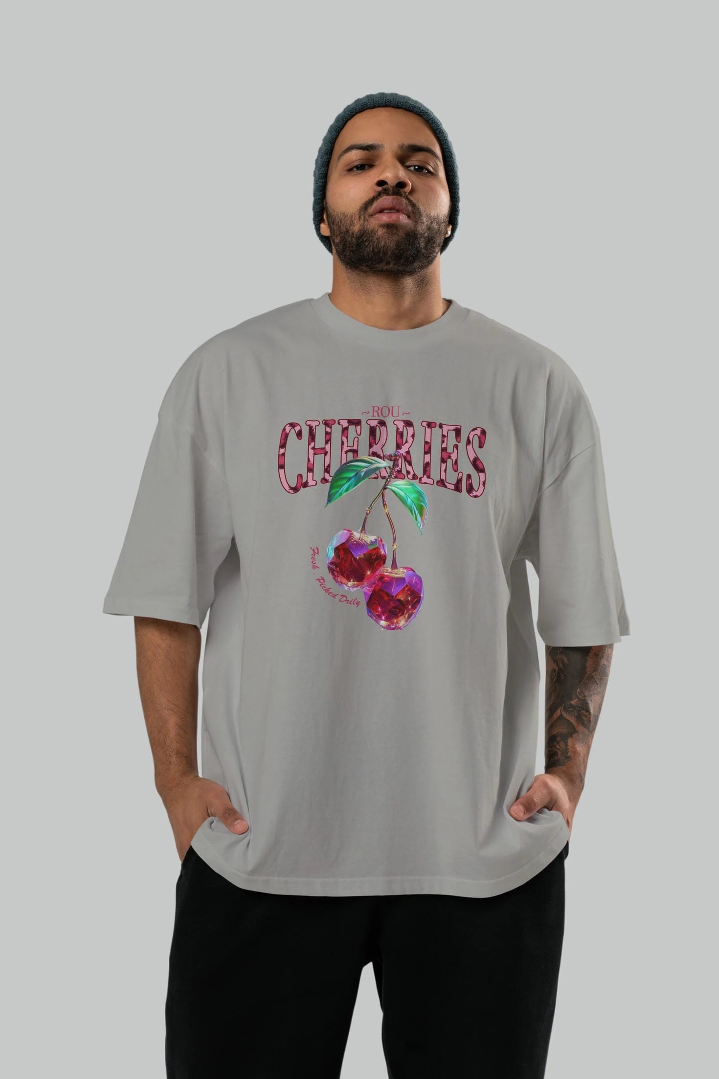 Cherry Cherries 4 Ön Baskılı Oversize t-shirt Erkek Kadın Pamuk Bisiklet Yaka tişort