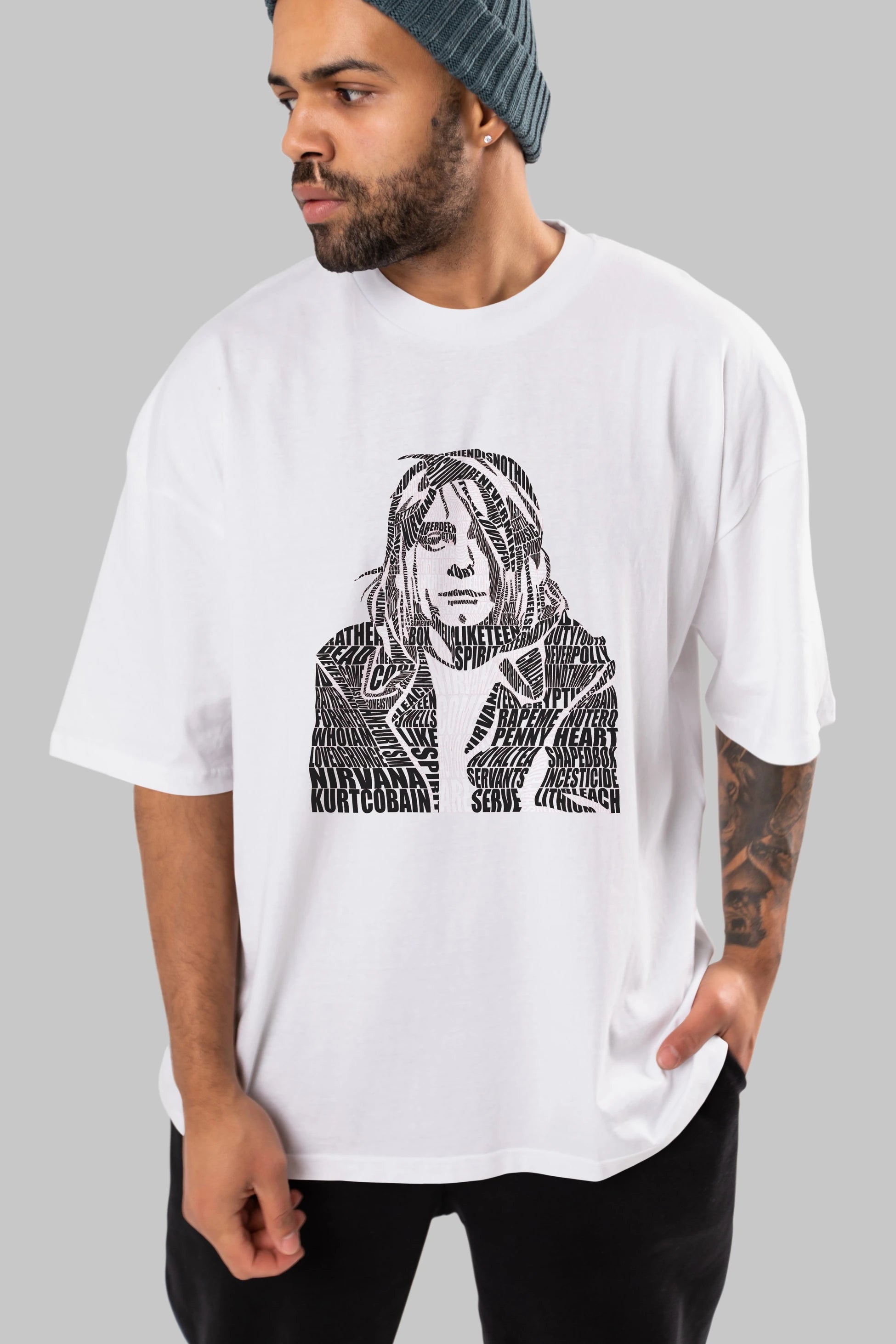 Kurt Cobain Calligram Ön Baskılı Oversize t-shirt %100 pamuk Erkek Kadın Unisex