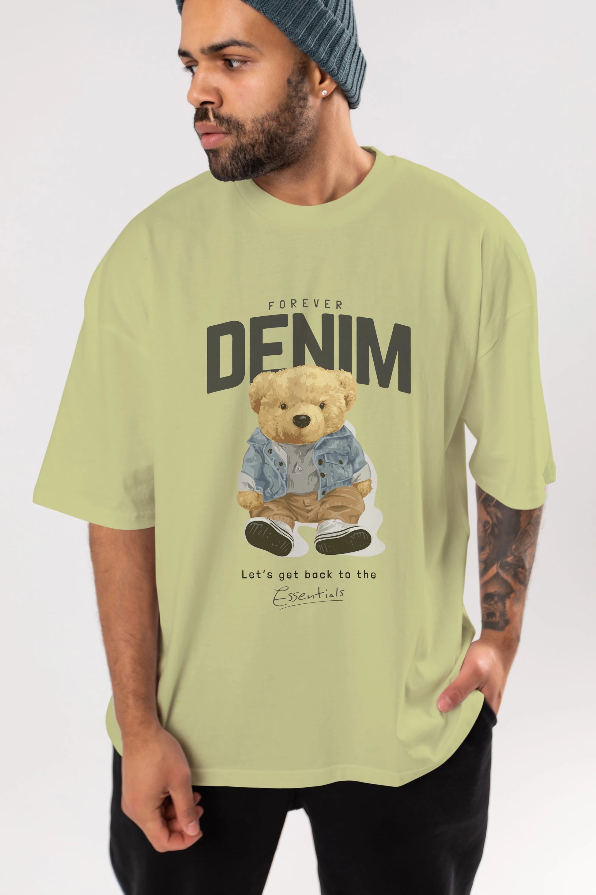 Teddy Bear Forever Denim Ön Baskılı Oversize t-shirt Erkek Kadın Unisex %100 Pamuk
