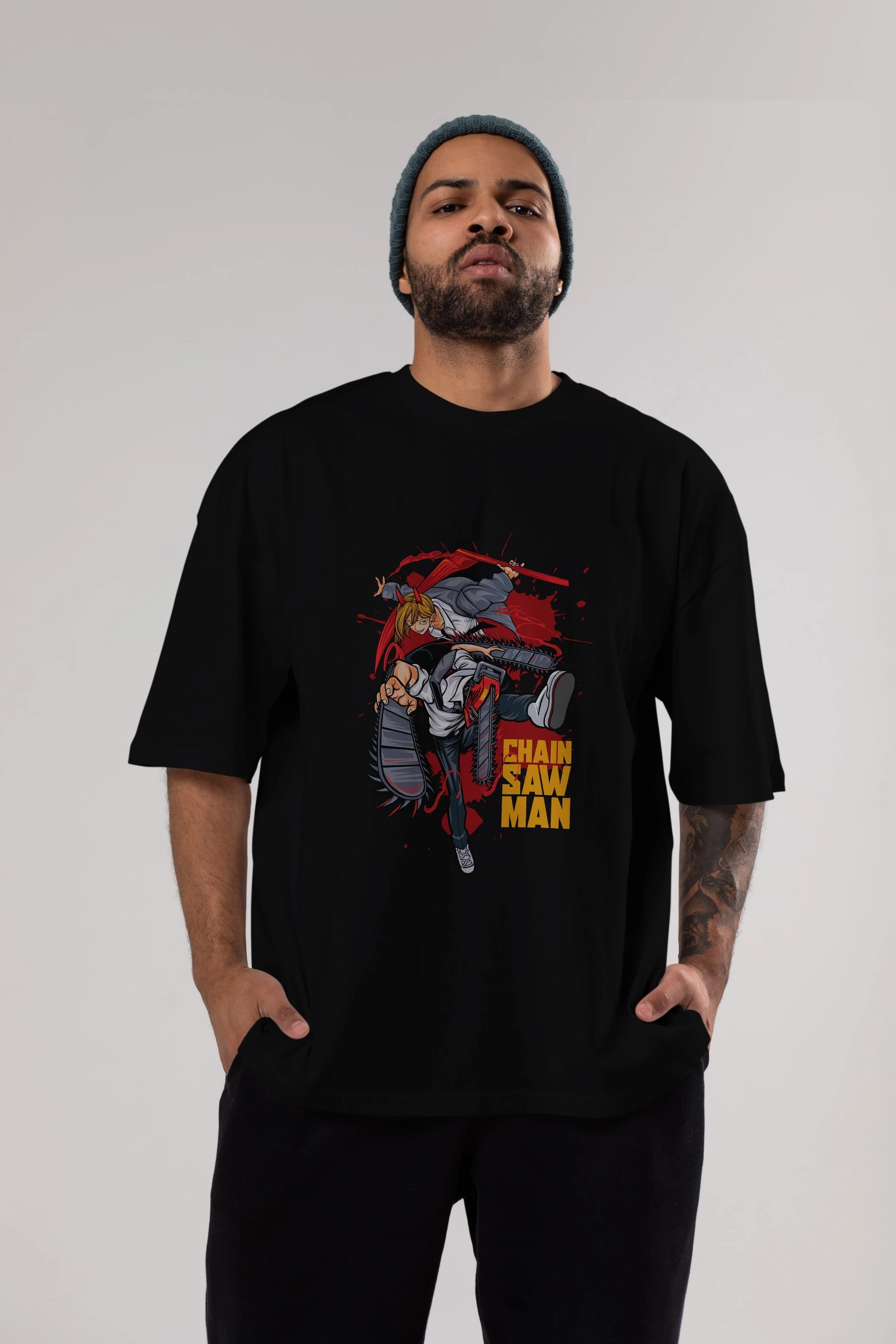 DENJI and POWER Anime Ön Baskılı Oversize t-shirt %100 pamuk Erkek Kadın Unisex