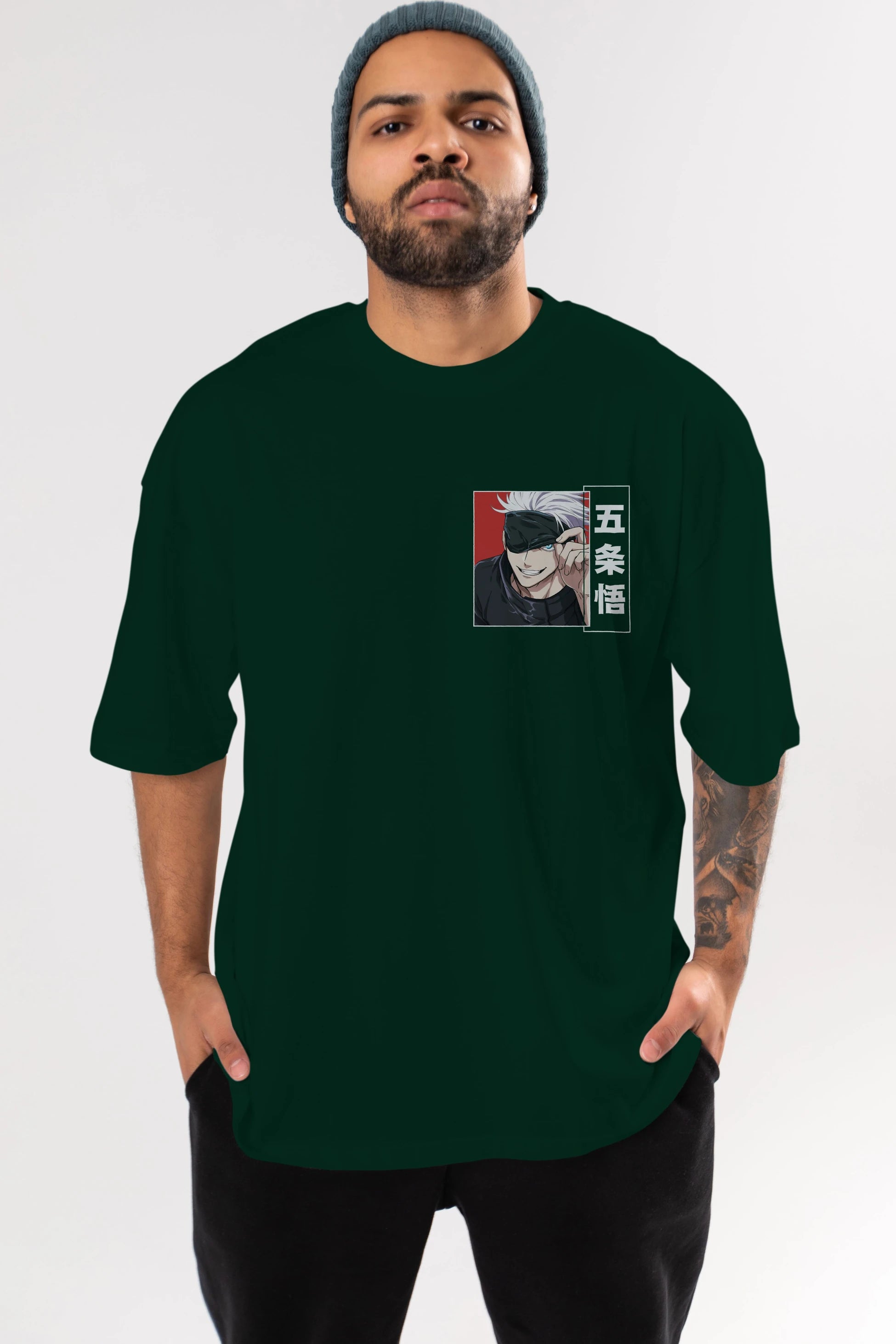 JUJUTSU KAISEN Ön Sol Baskılı Oversize t-shirt Erkek Kadın Unisex %100 Pamuk Bisiklet Yaka tişort